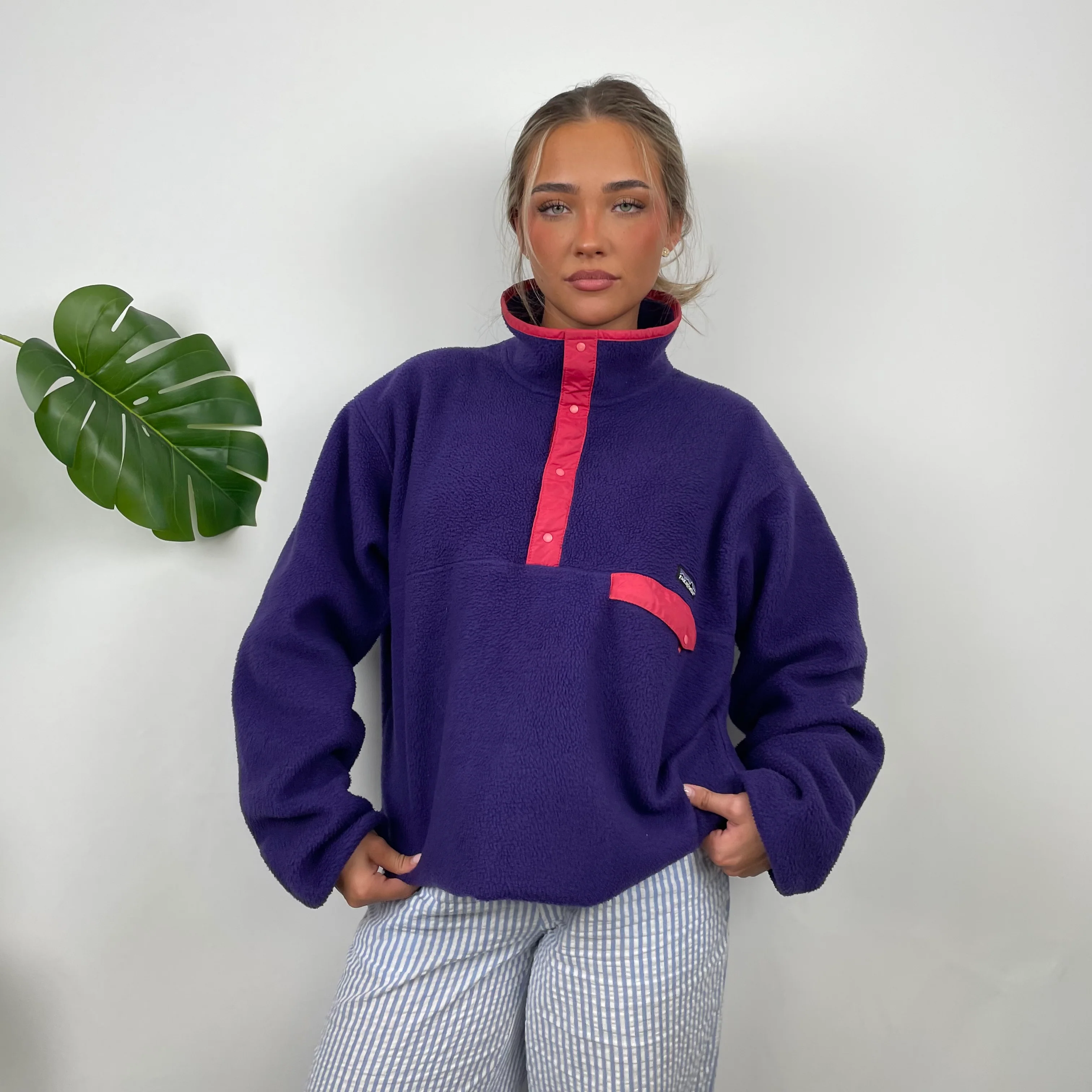Patagonia Purple Embroidered Spell Out Teddy Bear Fleece Sweatshirt (L) - Image 3