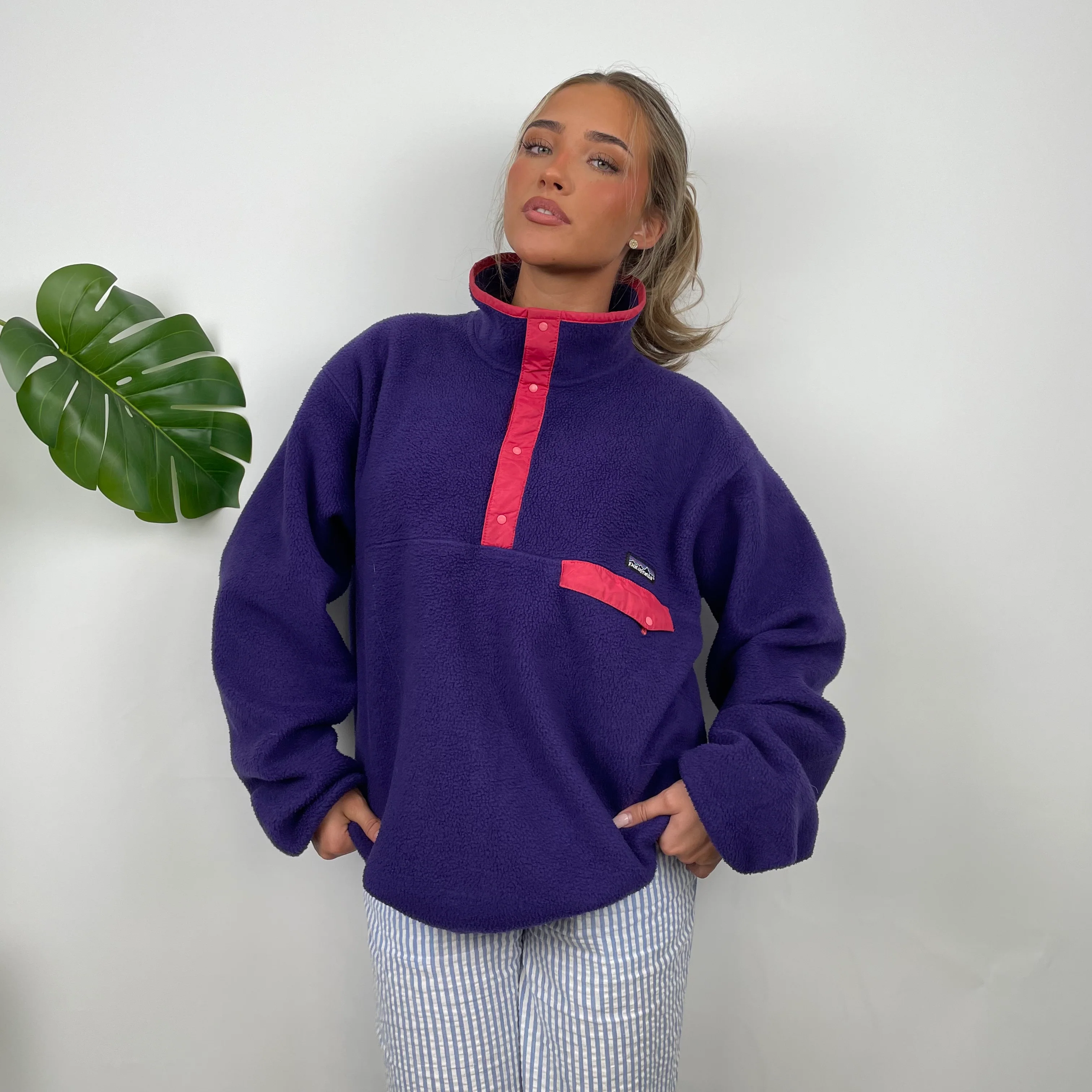 Patagonia Purple Embroidered Spell Out Teddy Bear Fleece Sweatshirt (L) - Image 4