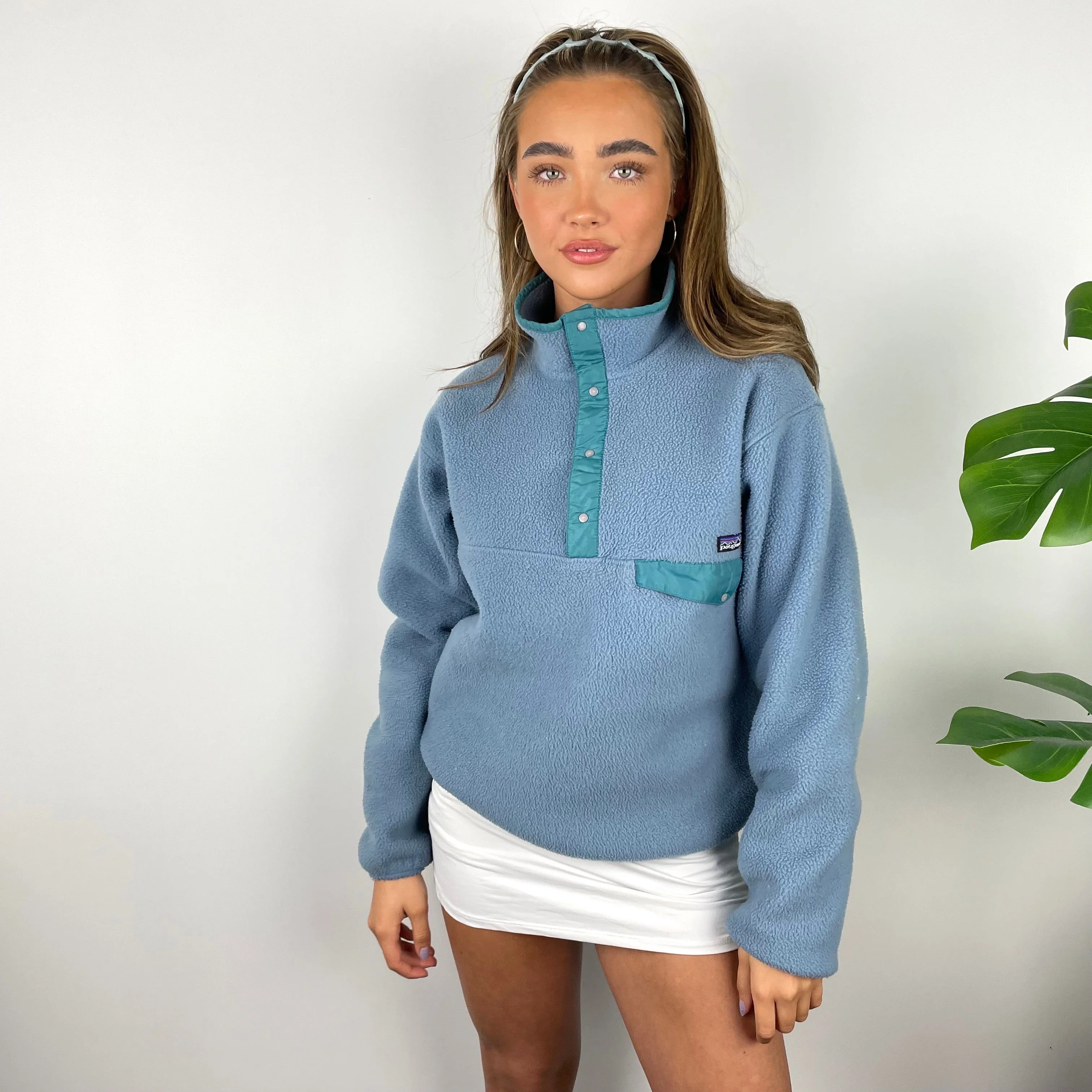 Patagonia RARE Baby Blue Embroidered Spell Out Teddy Bear Fleece Button Sweatshirt (M) - Image 6