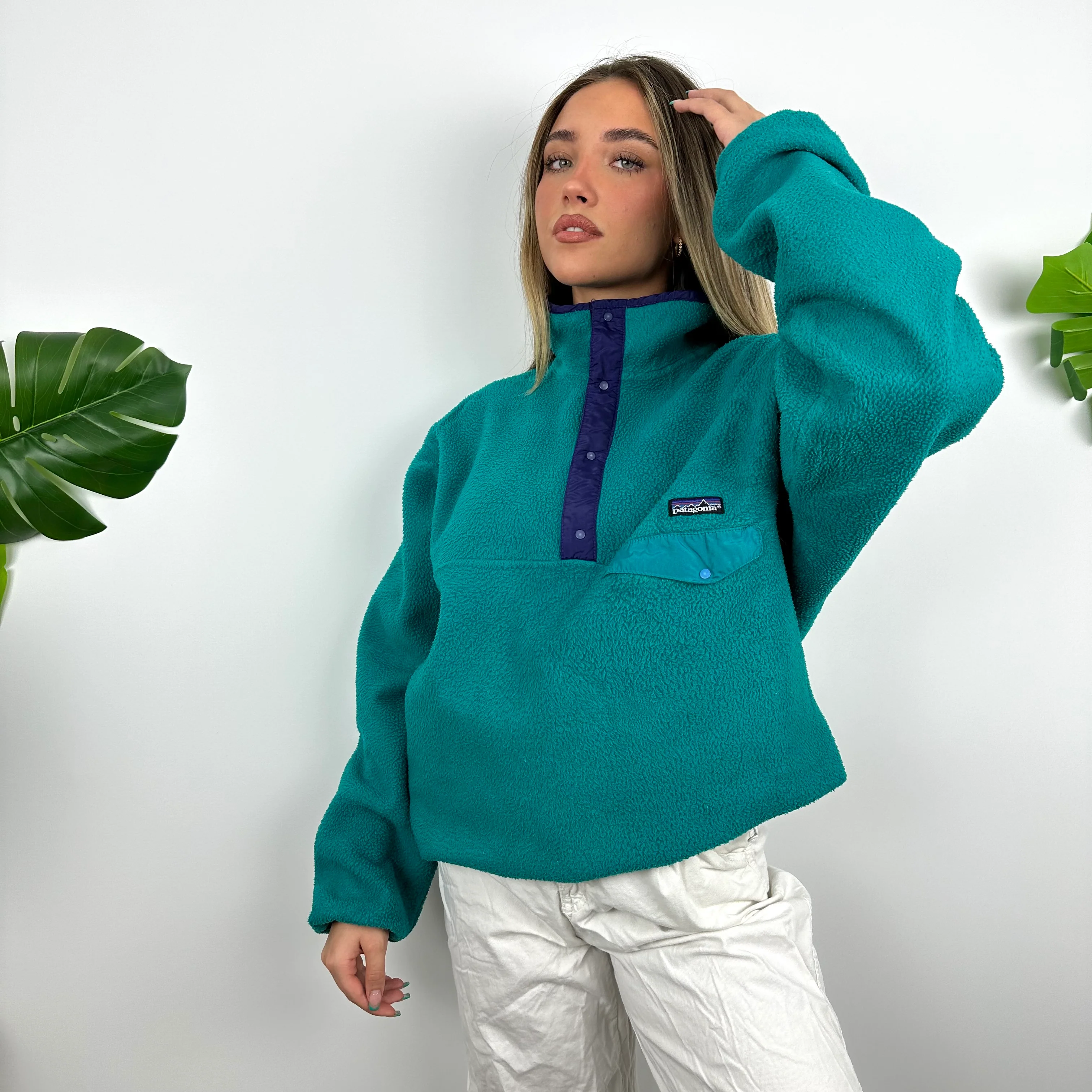 Patagonia RARE Blue Embroidered Spell Out Teddy Bear Fleece Button Sweatshirt (L)
