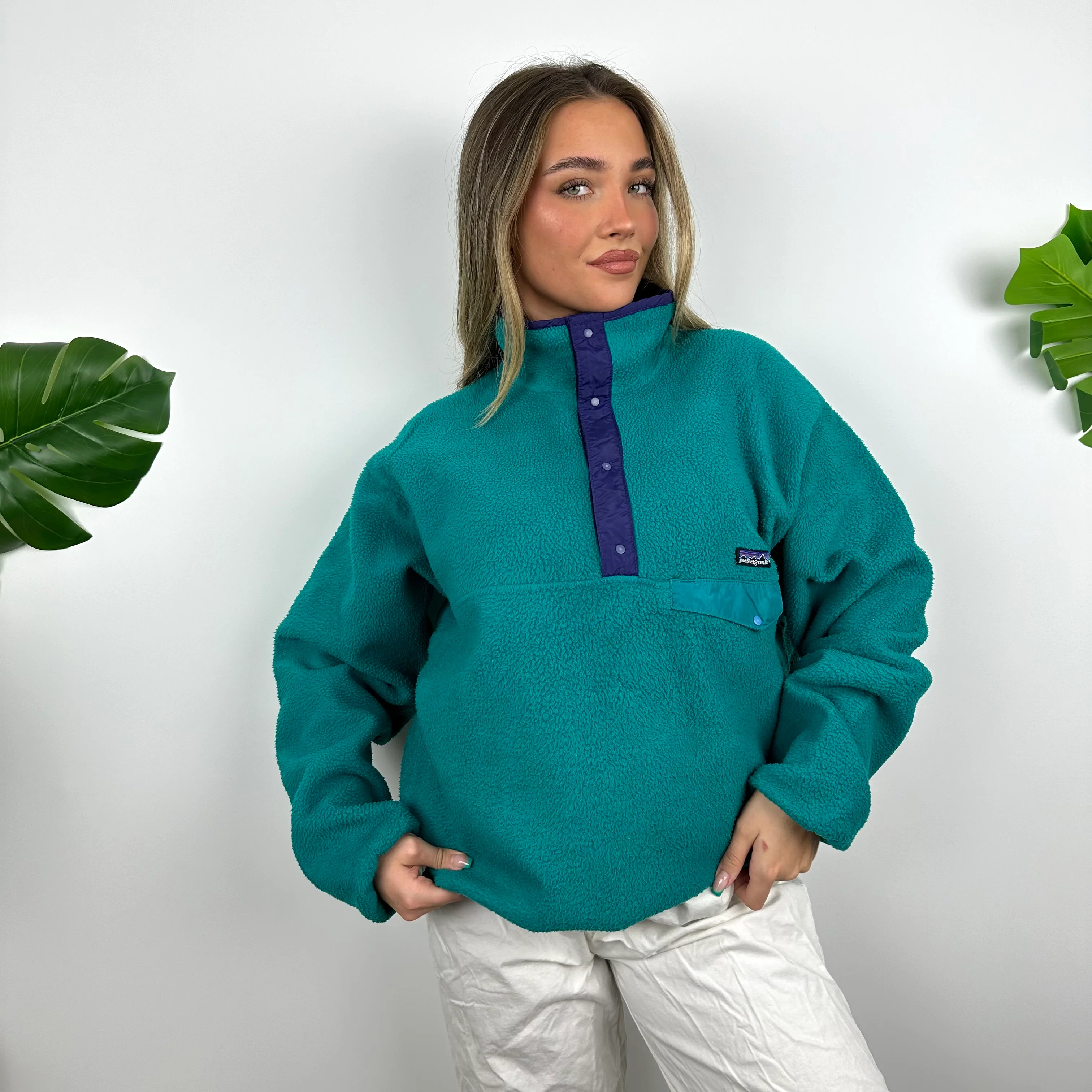Patagonia RARE Blue Embroidered Spell Out Teddy Bear Fleece Button Sweatshirt (L) - Image 2