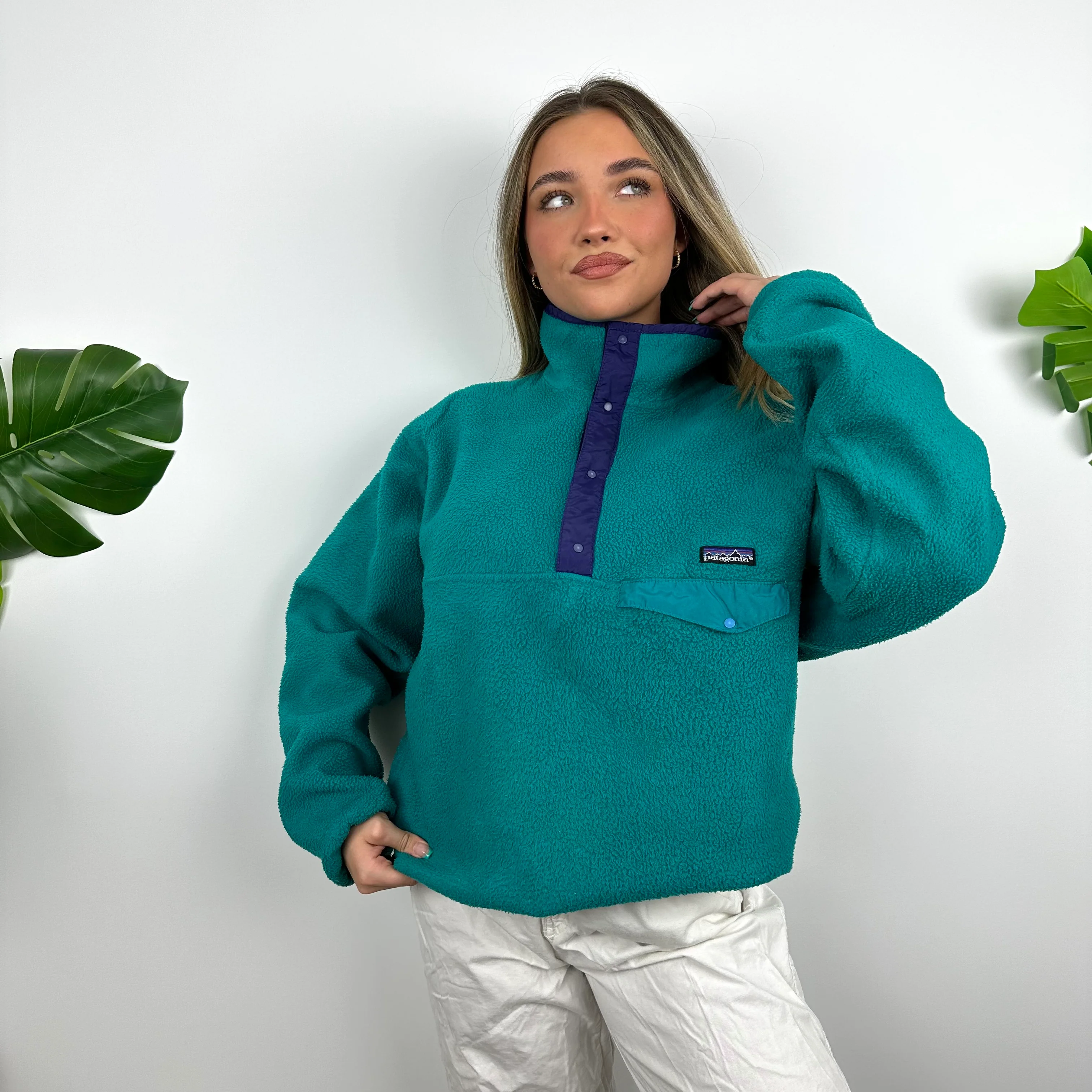 Patagonia RARE Blue Embroidered Spell Out Teddy Bear Fleece Button Sweatshirt (L) - Image 3