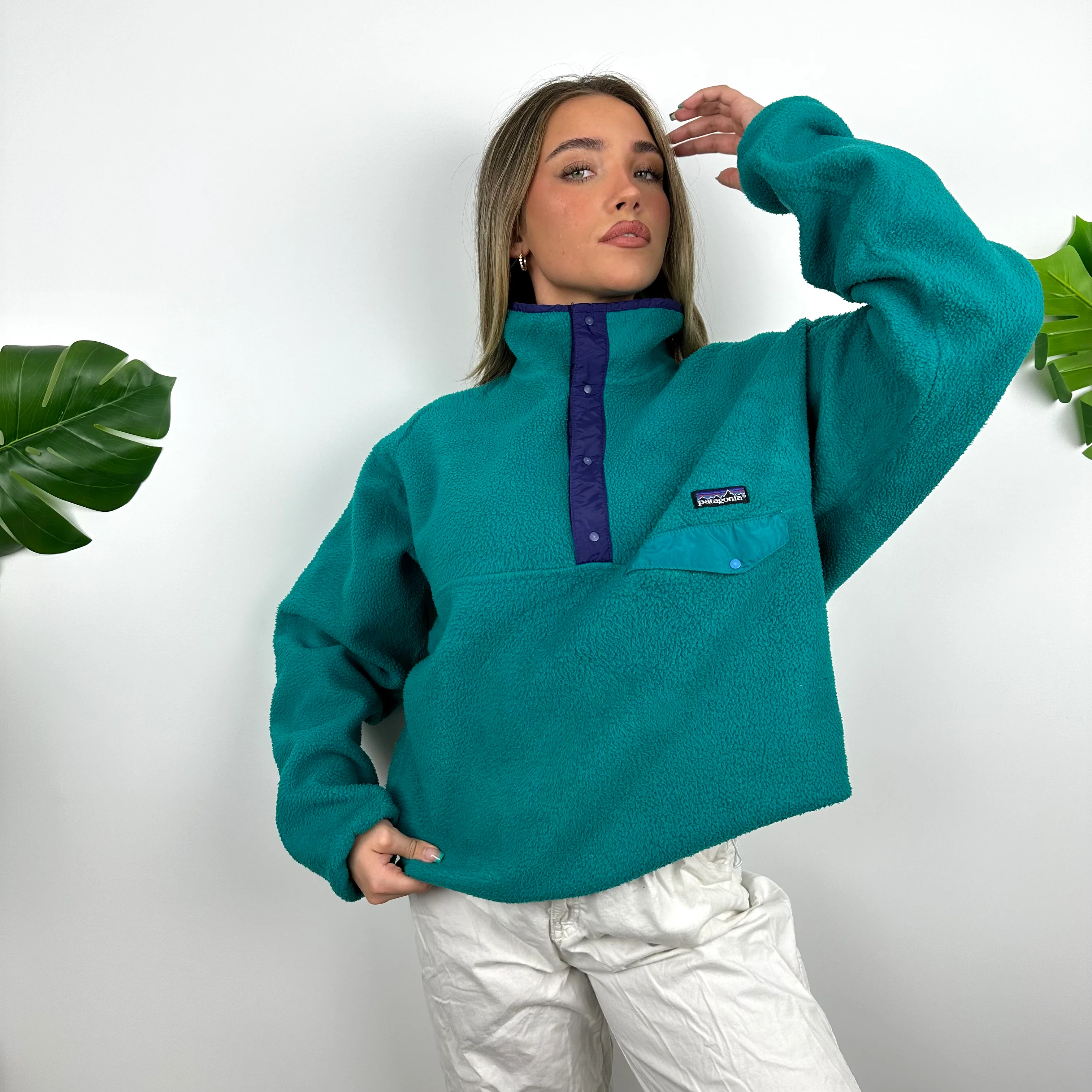 Patagonia RARE Blue Embroidered Spell Out Teddy Bear Fleece Button Sweatshirt (L) - Image 4