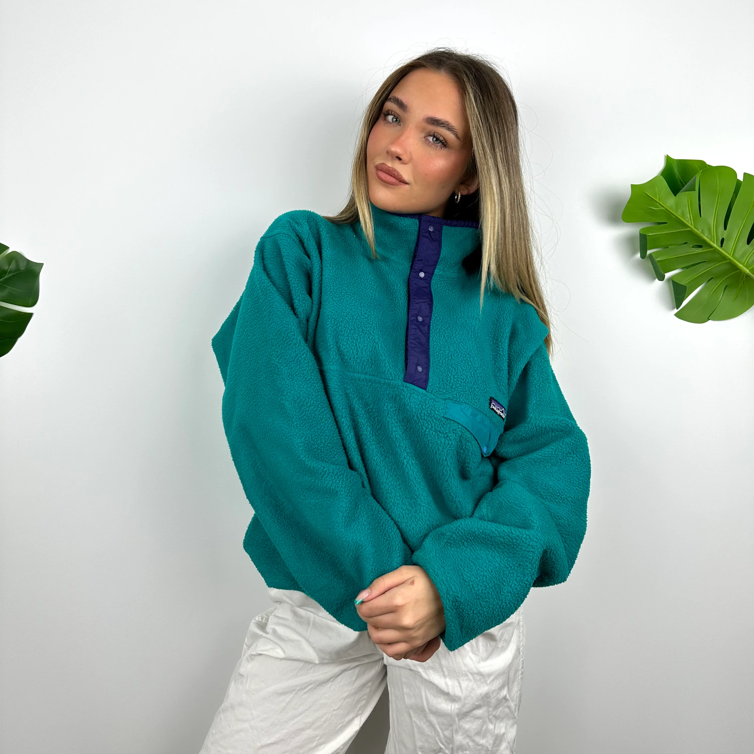 Patagonia RARE Blue Embroidered Spell Out Teddy Bear Fleece Button Sweatshirt (L) - Image 6