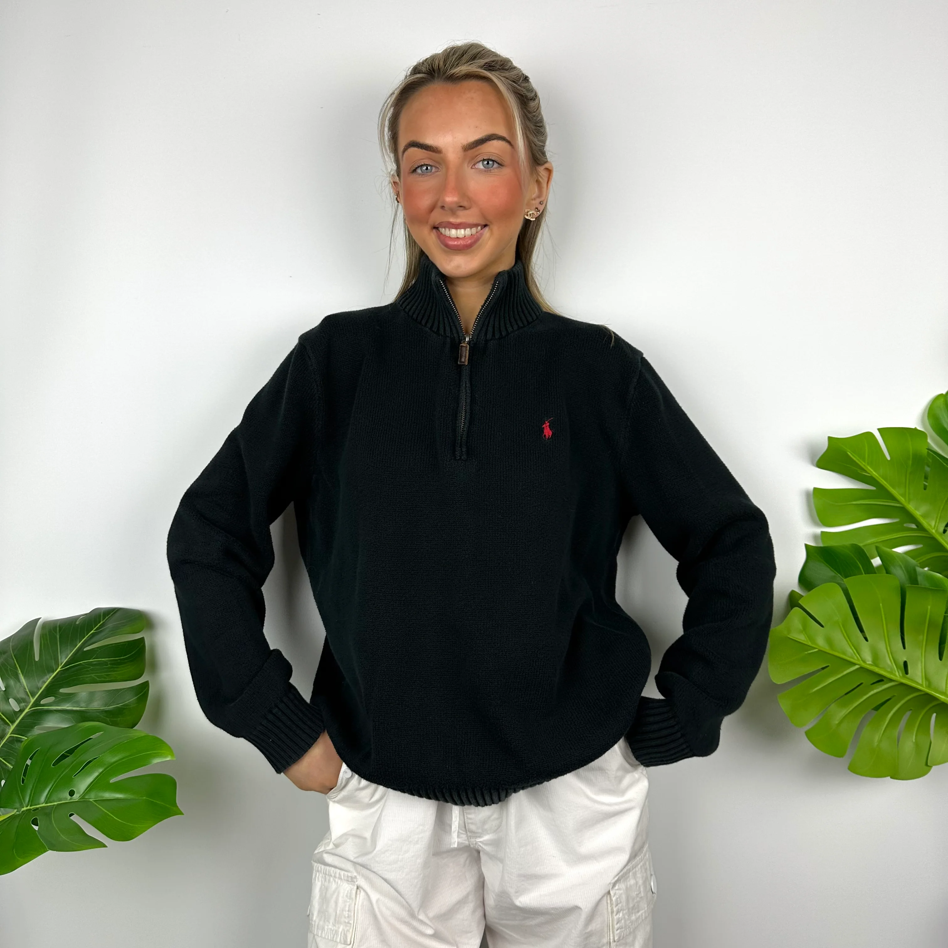 Polo Ralph Lauren Black Embroidered Logo Quarter Zip Knitted Sweater (M)