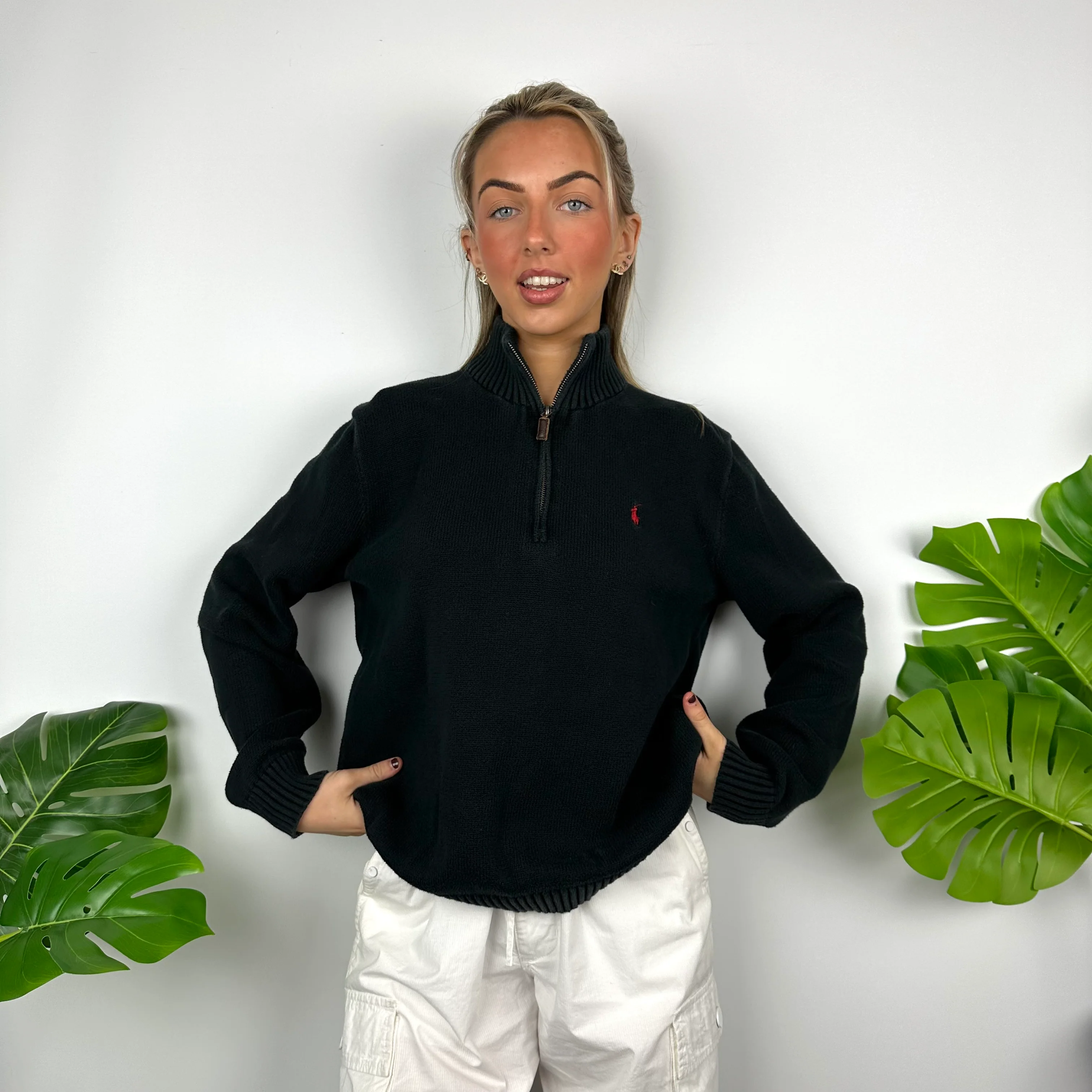 Polo Ralph Lauren Black Embroidered Logo Quarter Zip Knitted Sweater (M) - Image 2