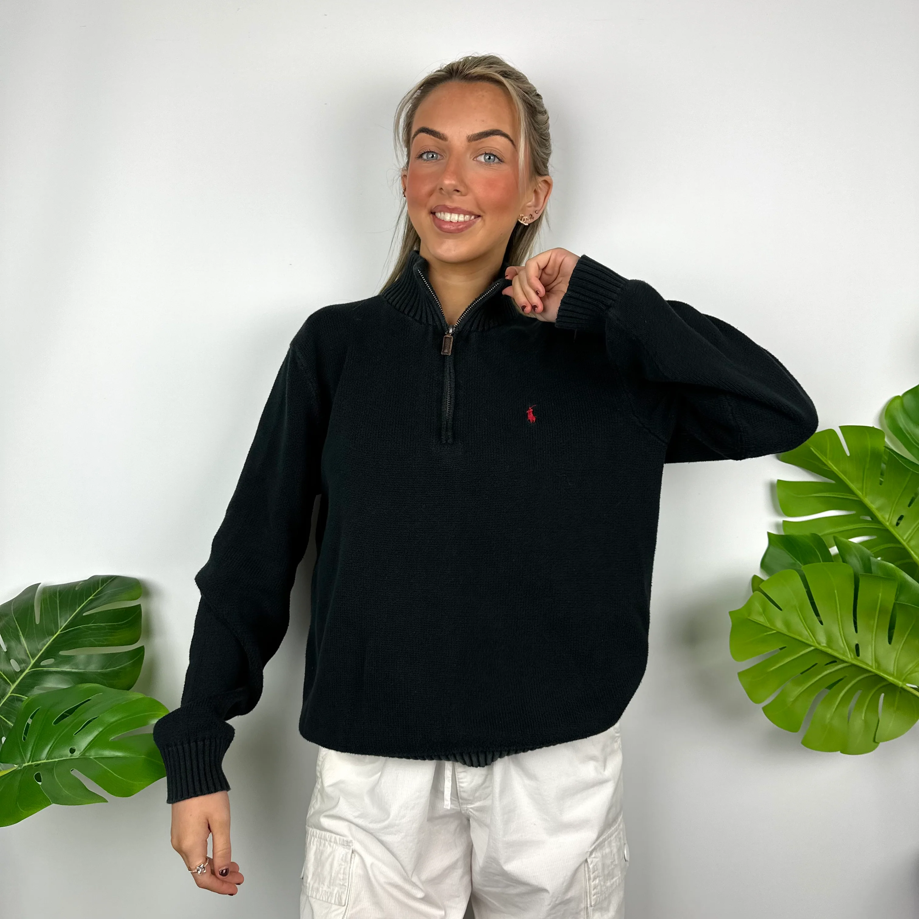 Polo Ralph Lauren Black Embroidered Logo Quarter Zip Knitted Sweater (M) - Image 5