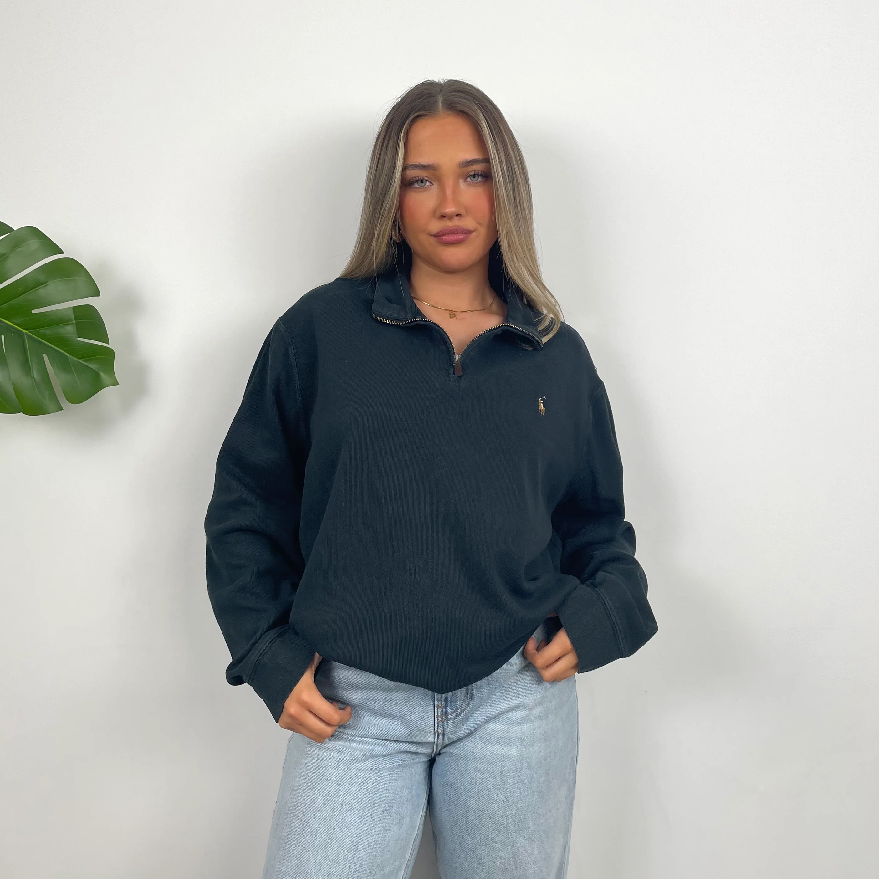 Polo Ralph Lauren Black Embroidered Logo Quarter Zip Sweatshirt (L) - Image 2