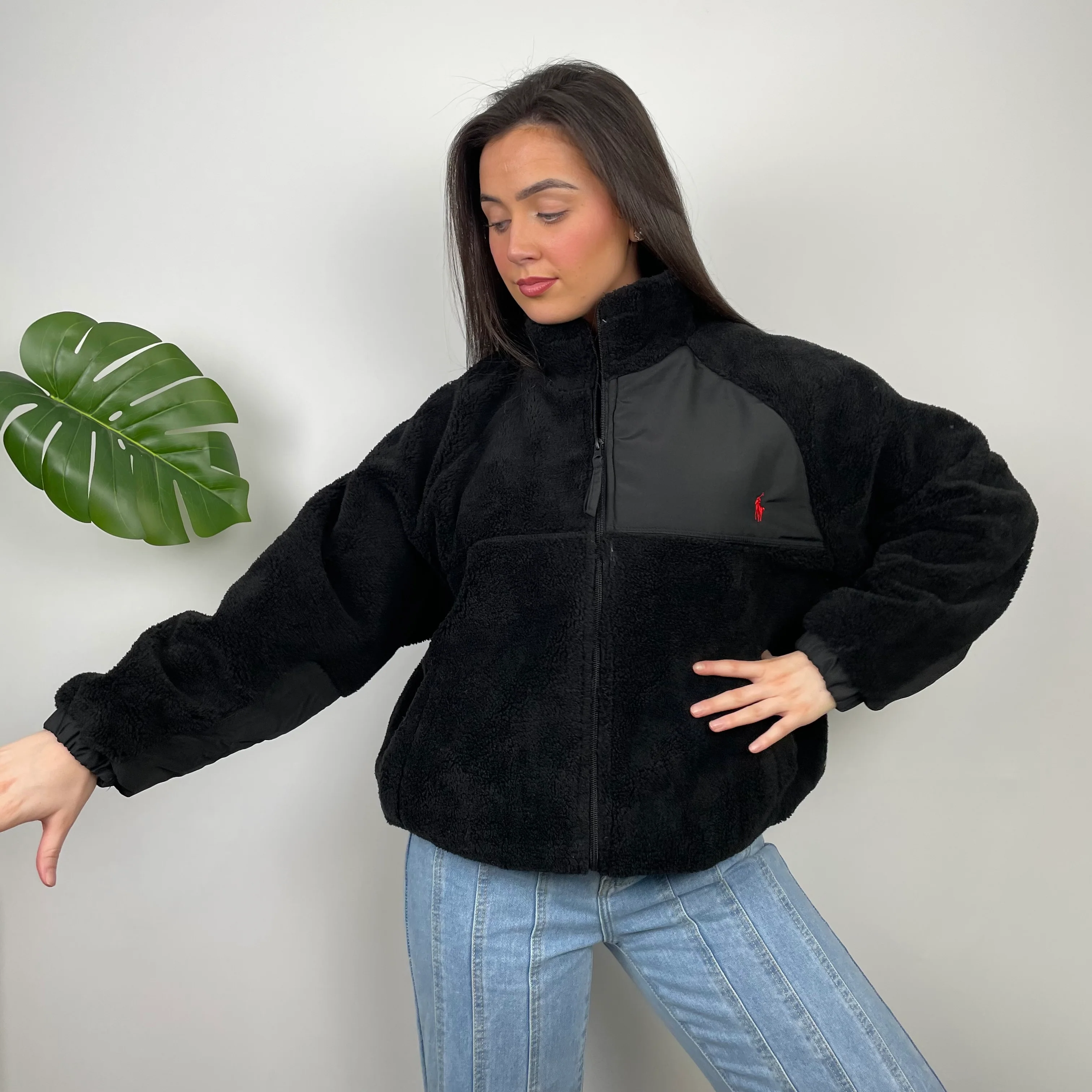 Polo Ralph Lauren Black Embroidered Logo Teddy Bear Fleece Jacket (M) - Image 2