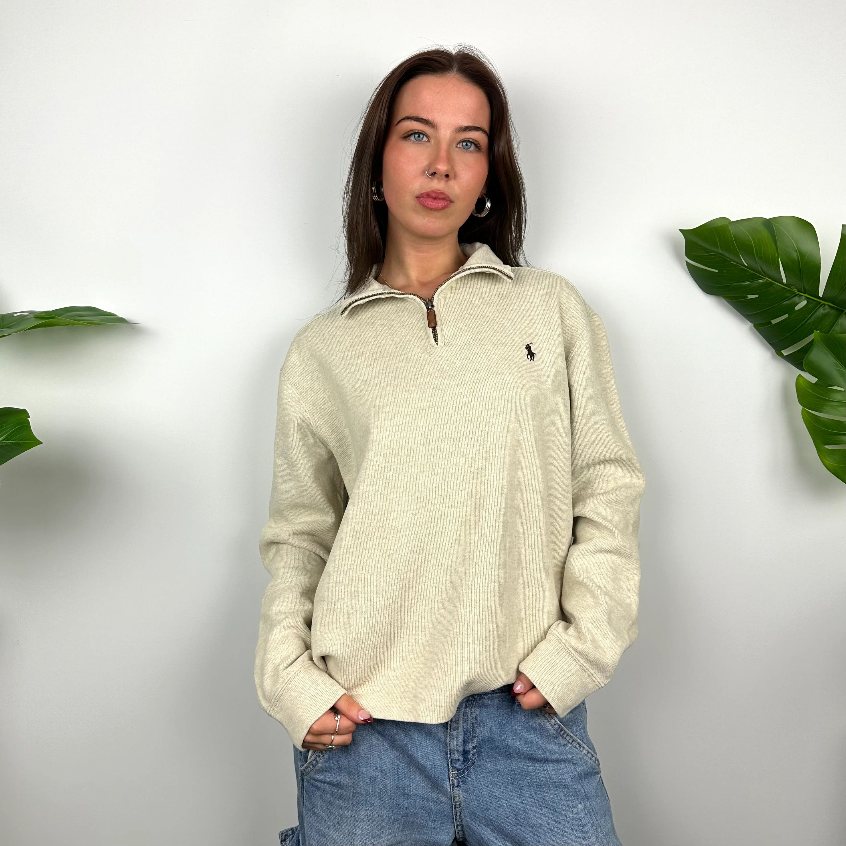 Polo Ralph Lauren Cream Beige Embroidered Logo Quarter Zip Sweatshirt (S) - Image 2