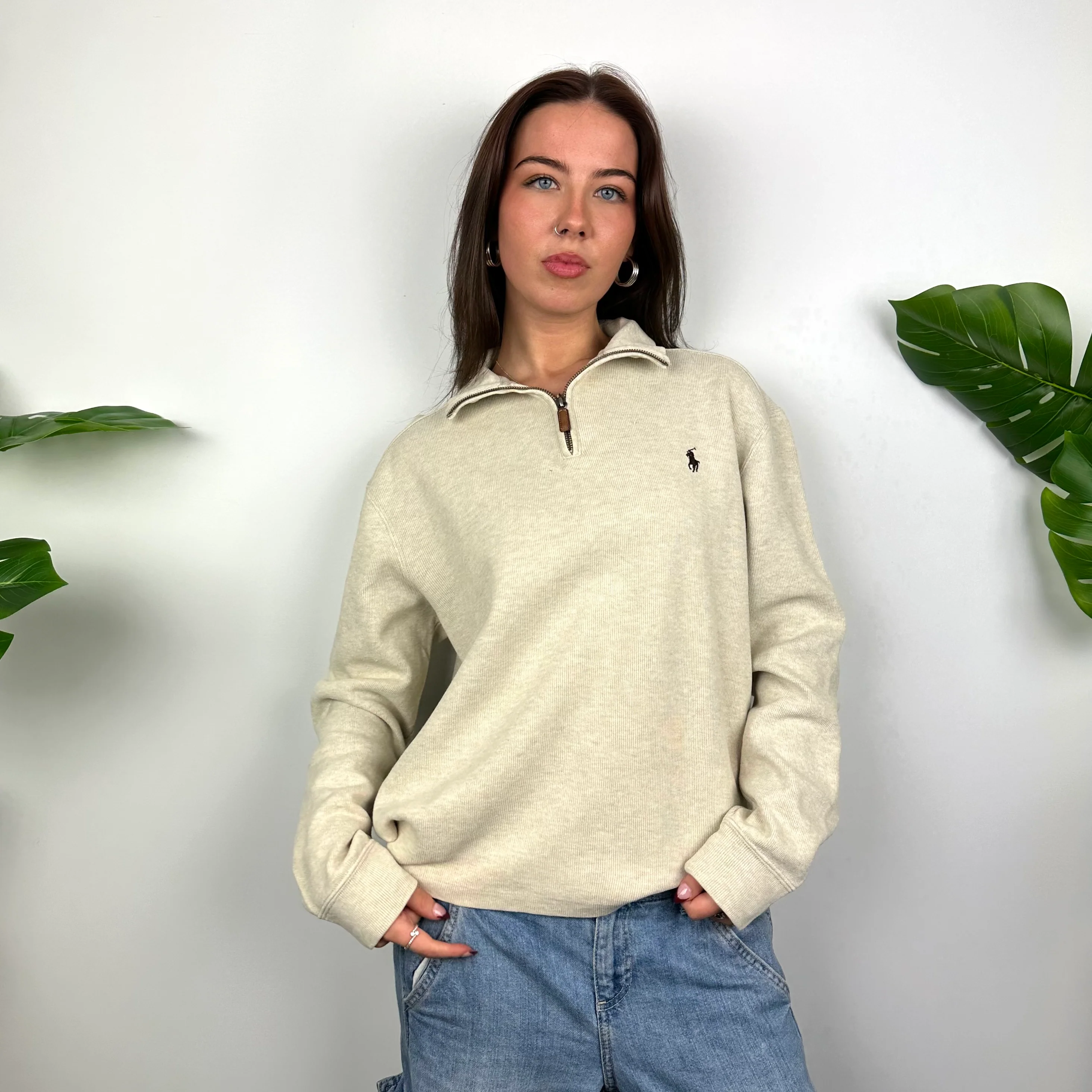 Polo Ralph Lauren Cream Beige Embroidered Logo Quarter Zip Sweatshirt (S) - Image 5