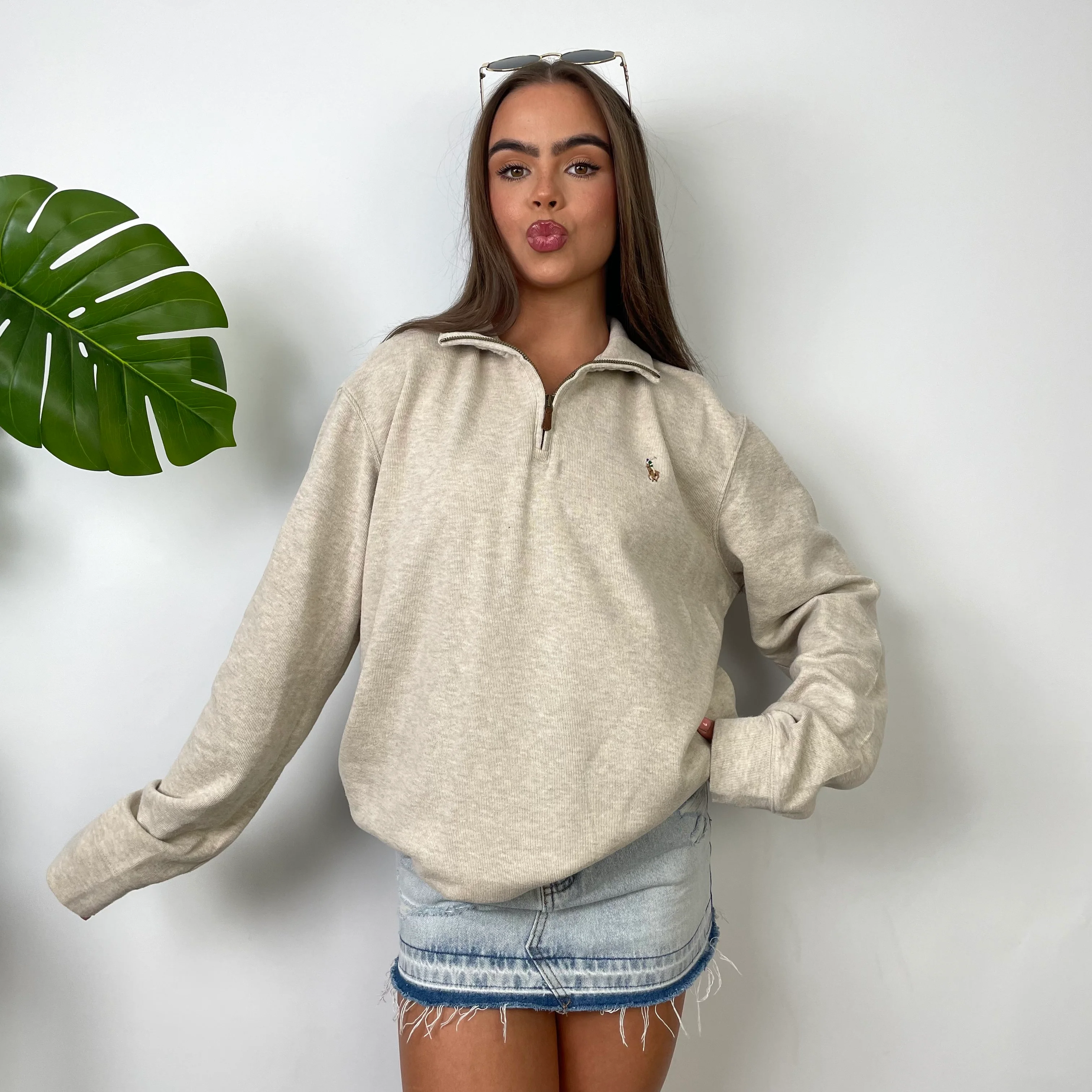 Polo Ralph Lauren Cream Embroidered Logo Quarter Zip Sweatshirt (M) - Image 2