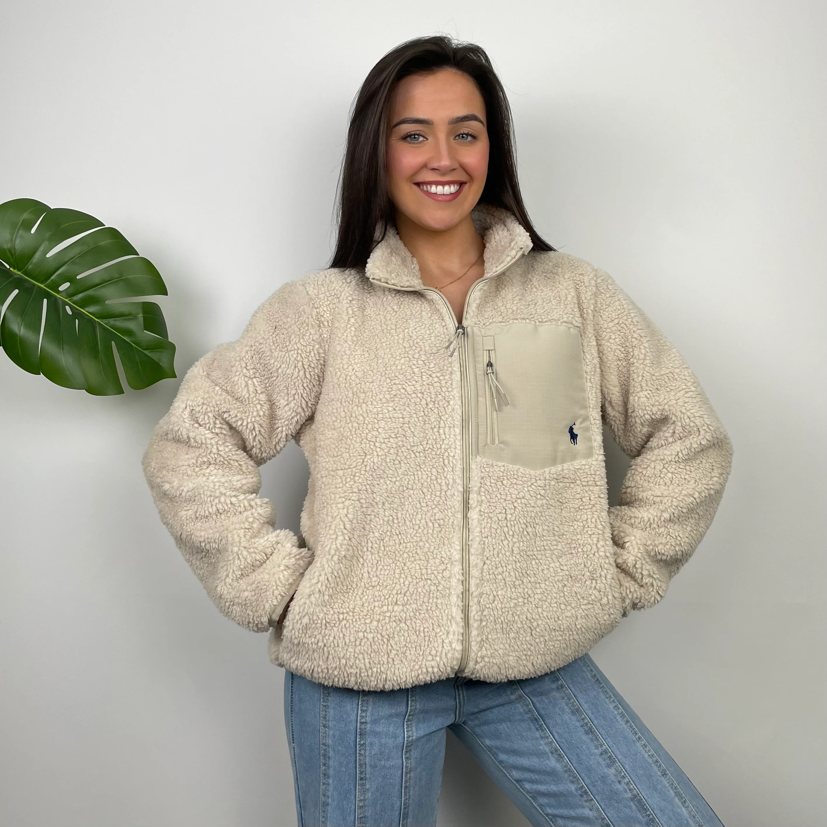 Polo Ralph Lauren Cream Embroidered Logo Teddy Bear Fleece Jacket (M)