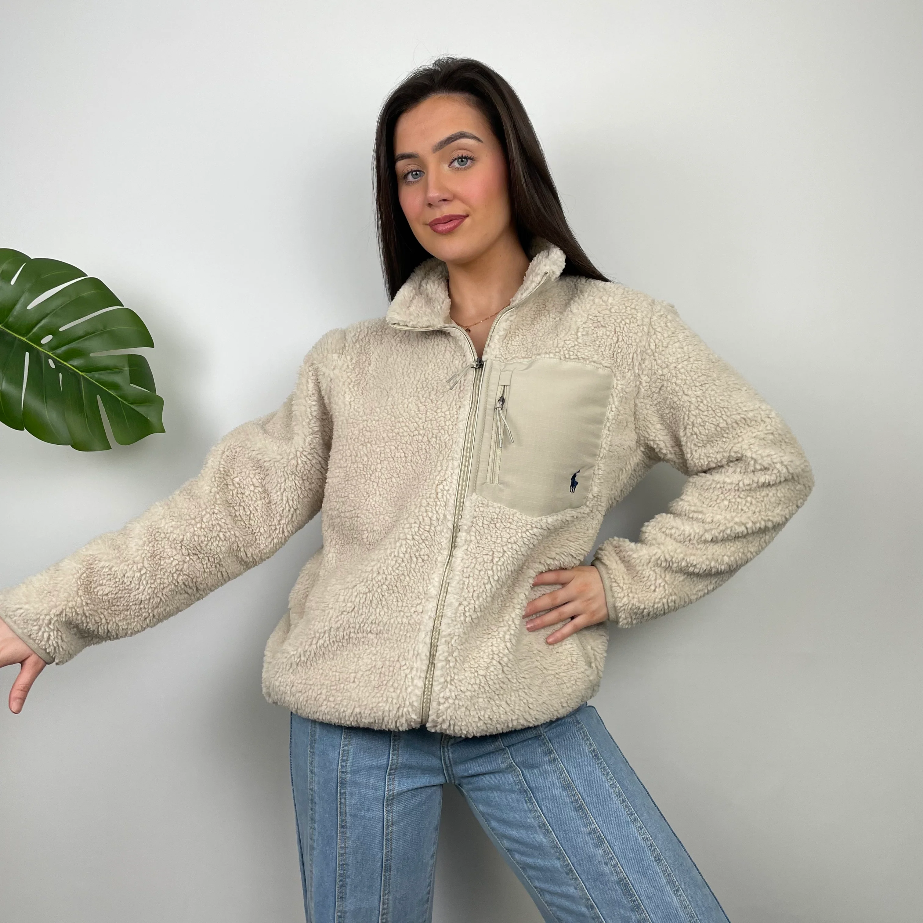 Polo Ralph Lauren Cream Embroidered Logo Teddy Bear Fleece Jacket (M) - Image 6