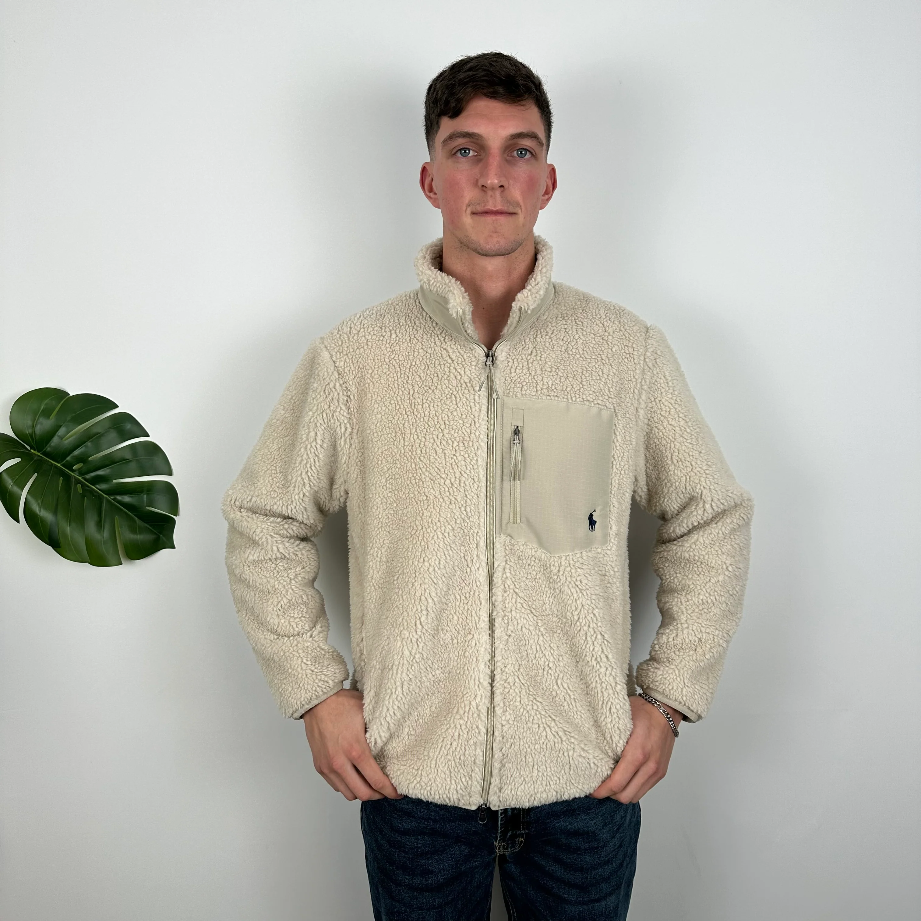 Polo Ralph Lauren Cream Embroidered Logo Teddy Bear Fleece Jacket (M)
