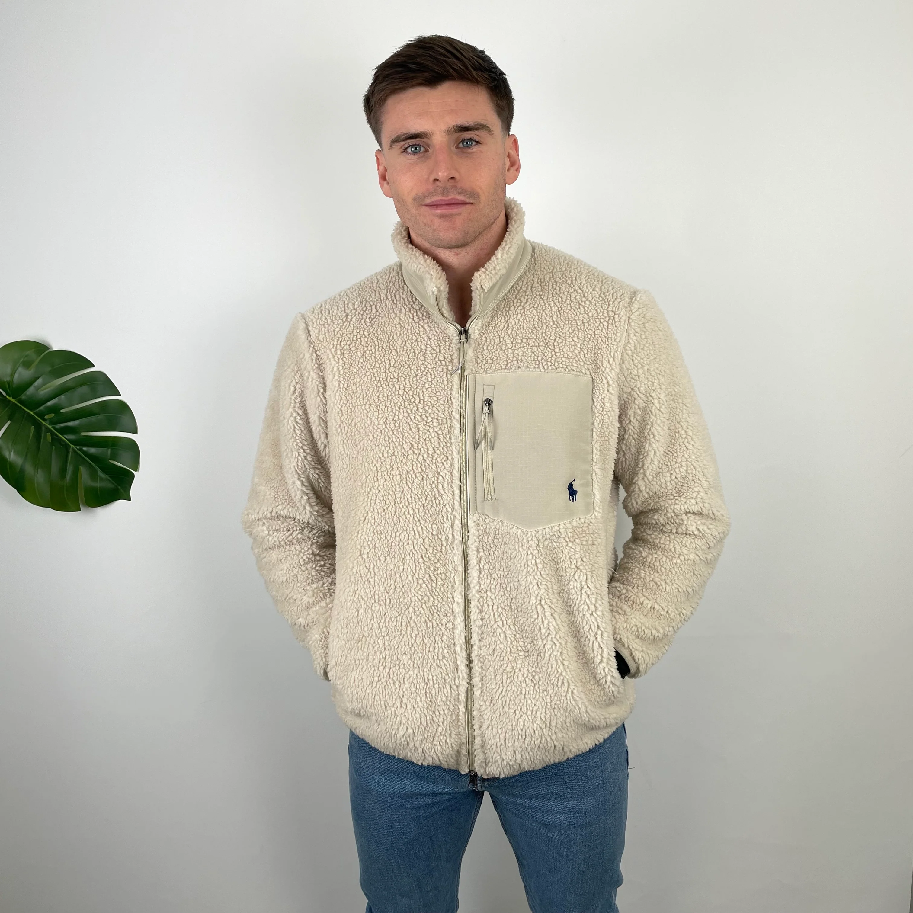 Polo Ralph Lauren Cream Embroidered Logo Teddy Bear Fleece Jacket (M)