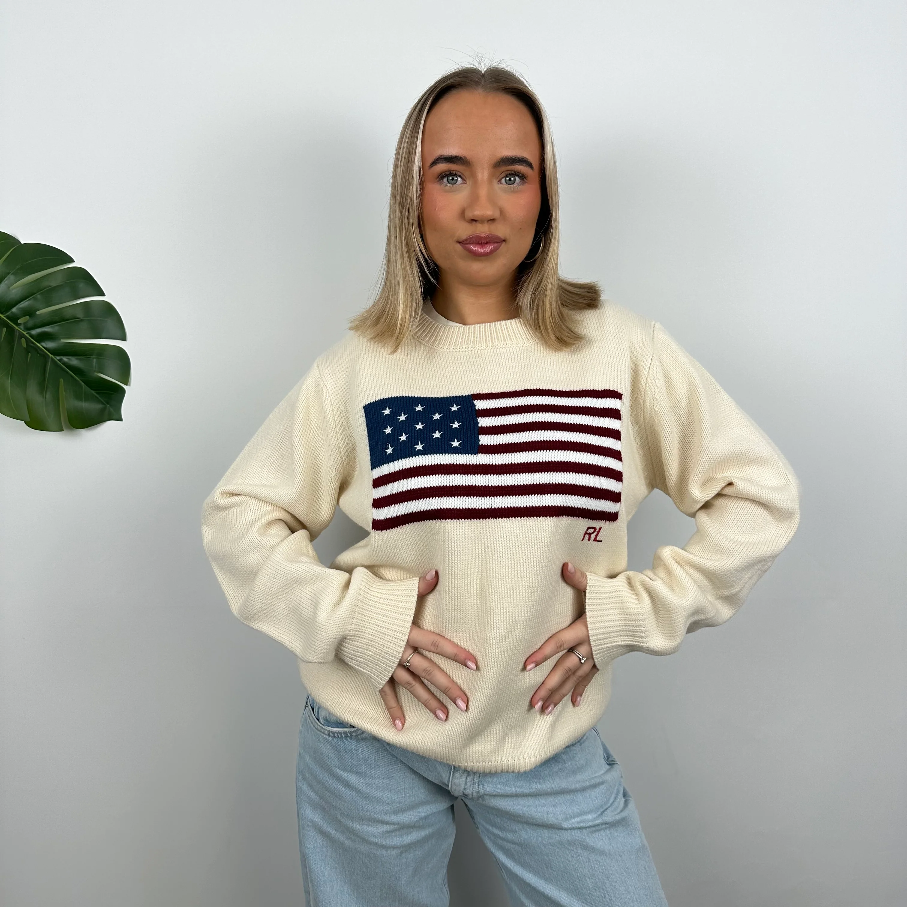 Polo Ralph Lauren Cream Embroidered Spell Out Knitted Sweater (M)