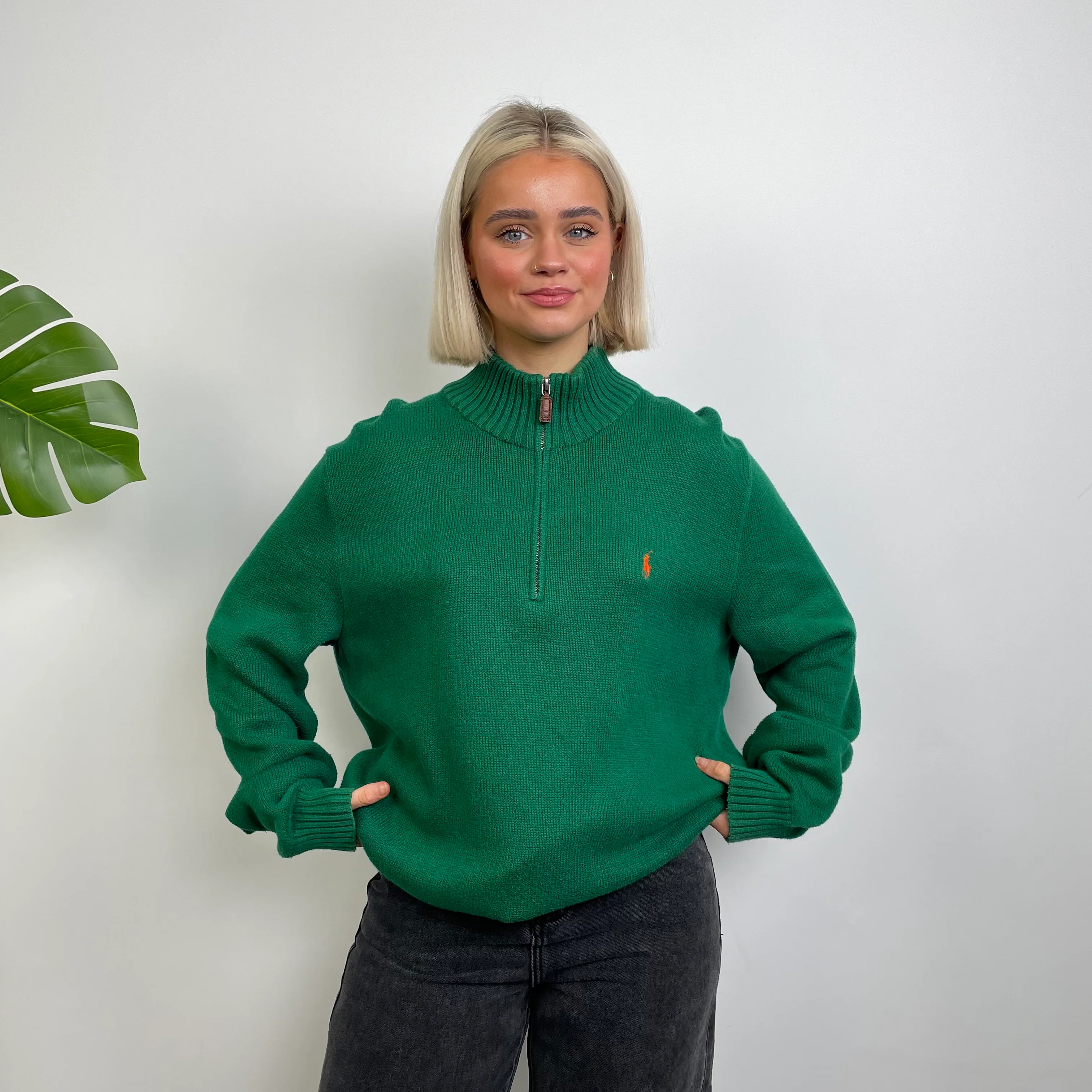 Polo Ralph Lauren Green Embroidered Logo Quarter Zip Knitted Sweater (L) - Image 2