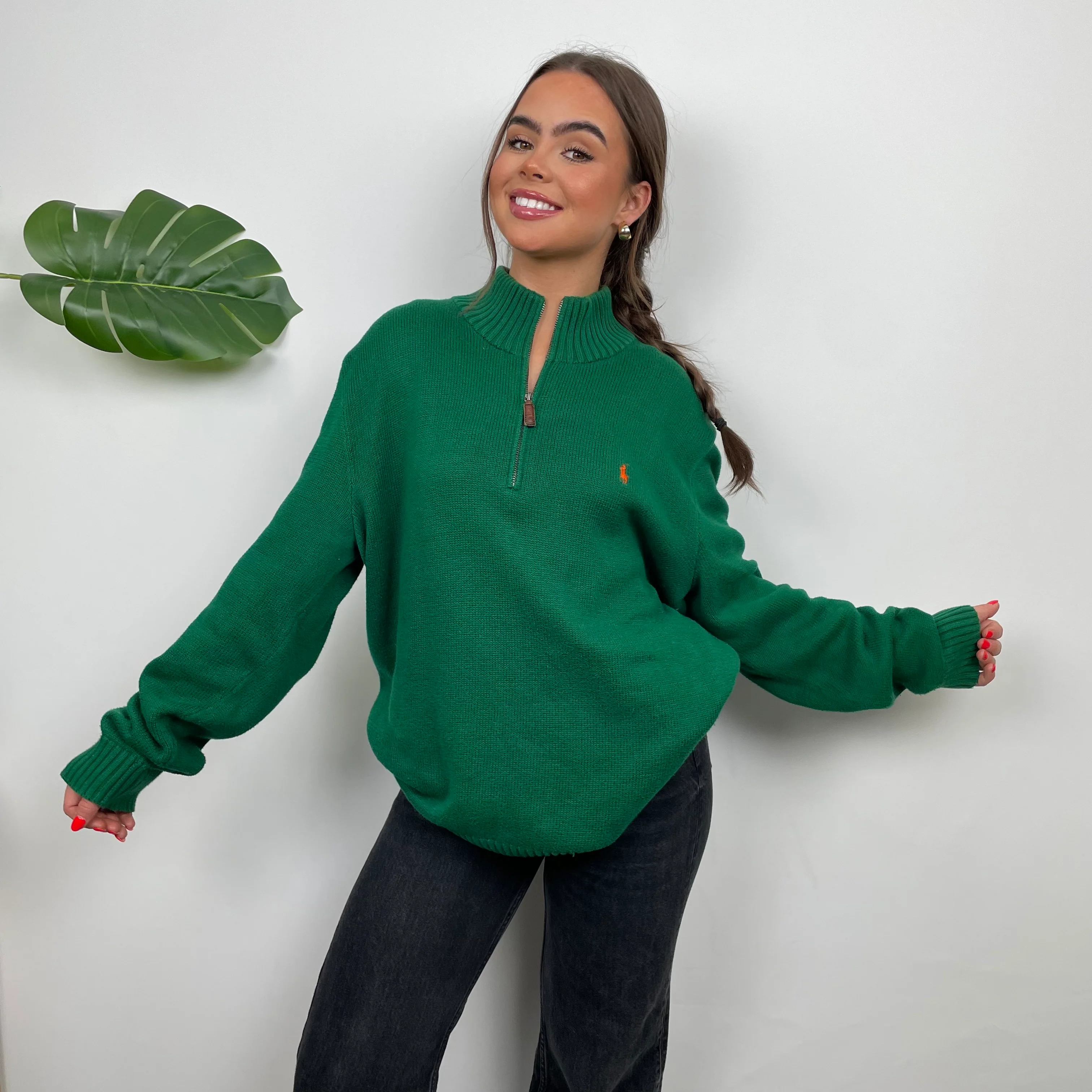 Polo Ralph Lauren Green Embroidered Logo Quarter Zip Knitted Sweater (L) - Image 2