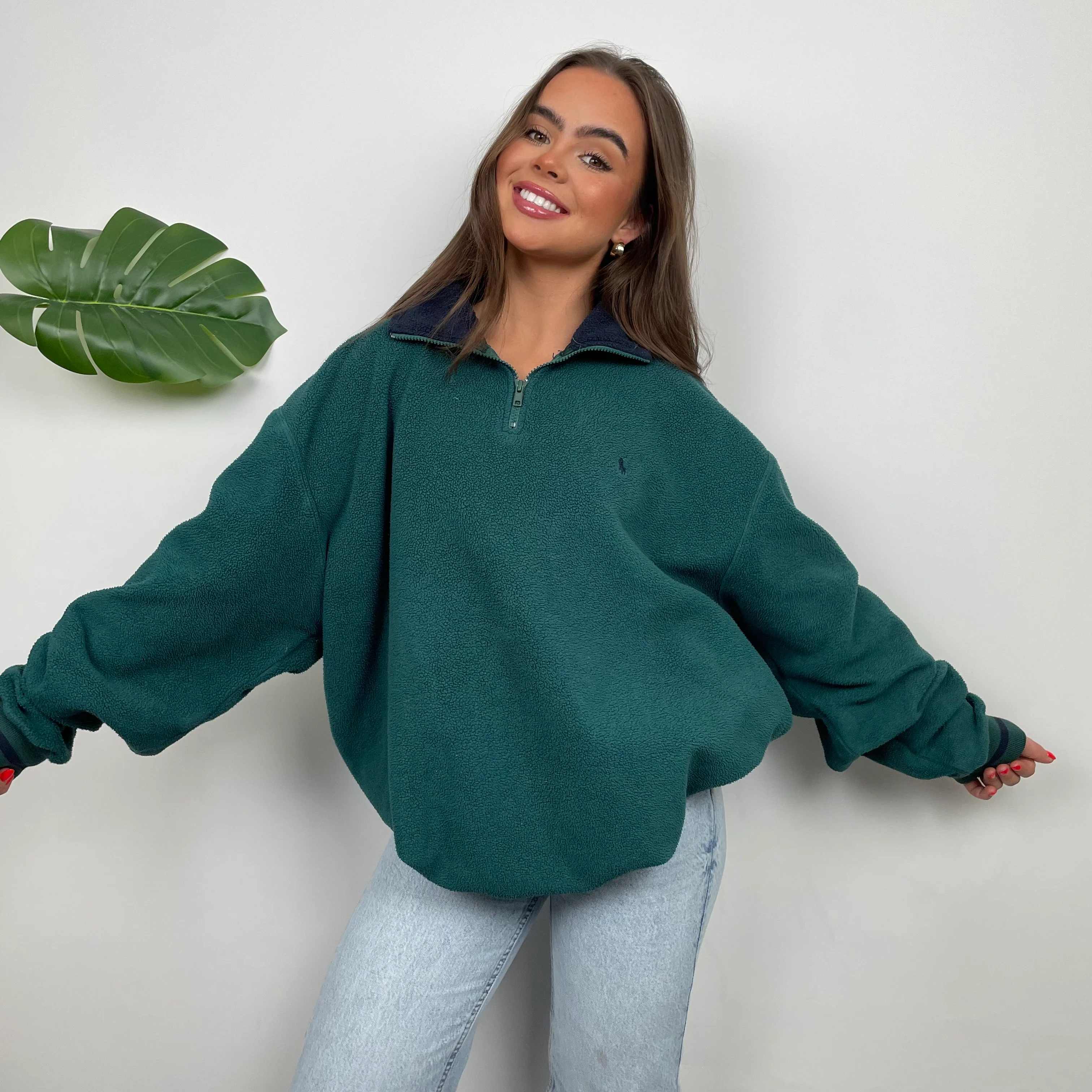 Polo Ralph Lauren Green Teddy Bear Fleece Embroidered Logo Quarter Zip Sweatshirt (L) - Image 2