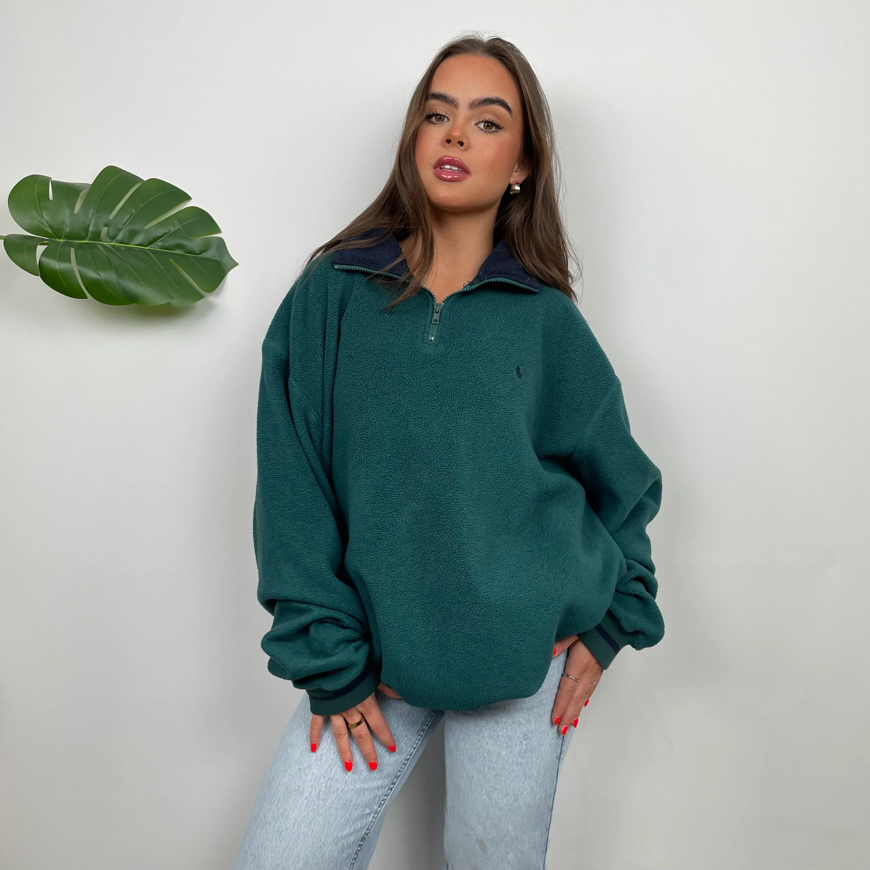 Polo Ralph Lauren Green Teddy Bear Fleece Embroidered Logo Quarter Zip Sweatshirt (L) - Image 3