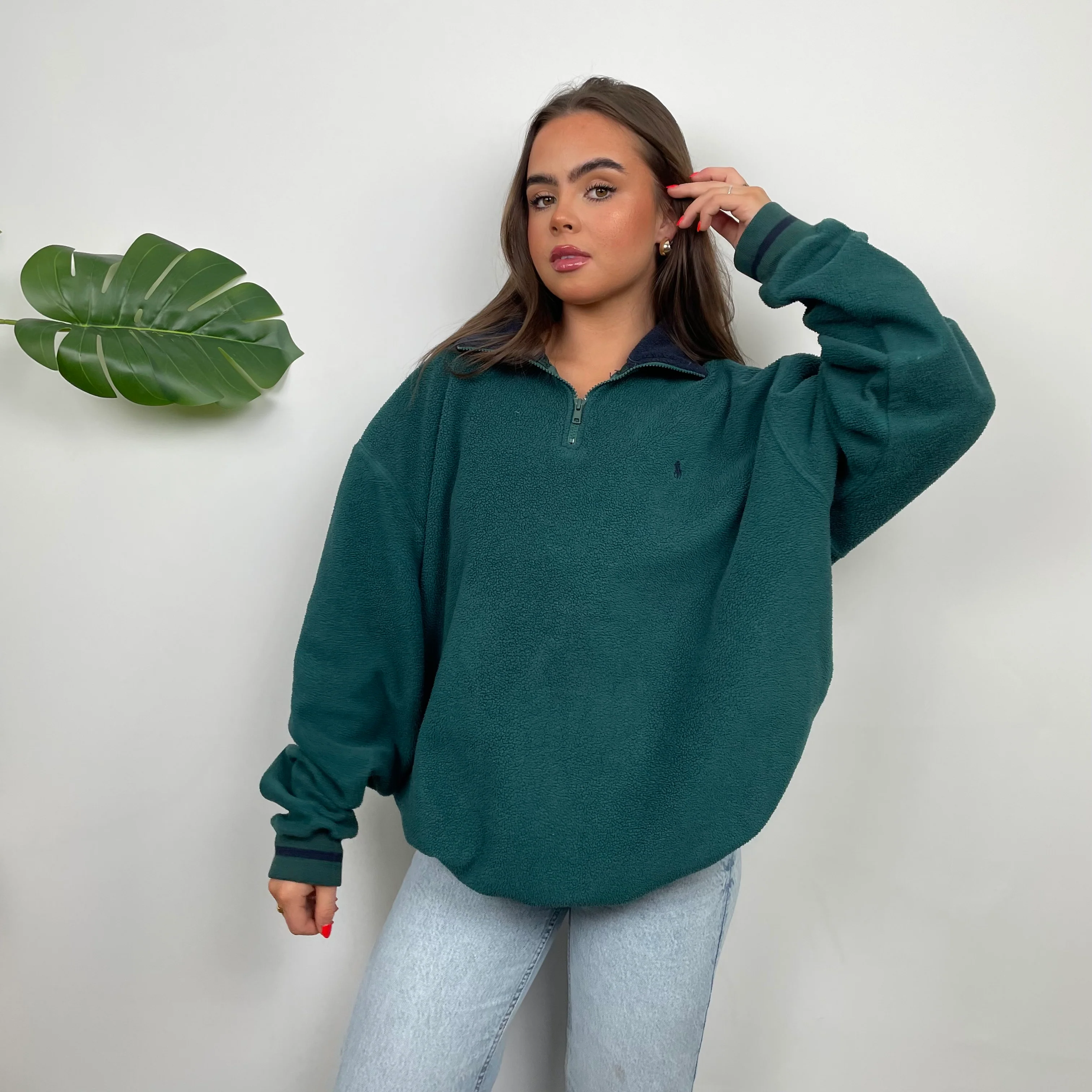 Polo Ralph Lauren Green Teddy Bear Fleece Embroidered Logo Quarter Zip Sweatshirt (L) - Image 4