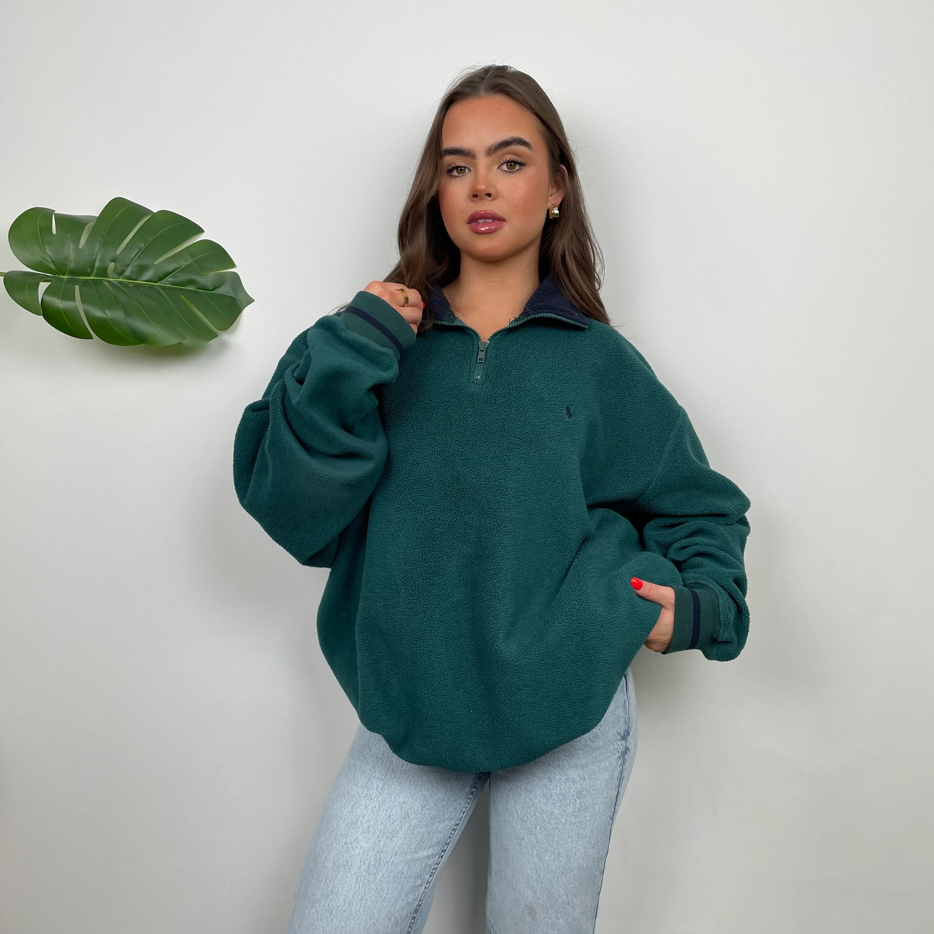 Polo Ralph Lauren Green Teddy Bear Fleece Embroidered Logo Quarter Zip Sweatshirt (L) - Image 5