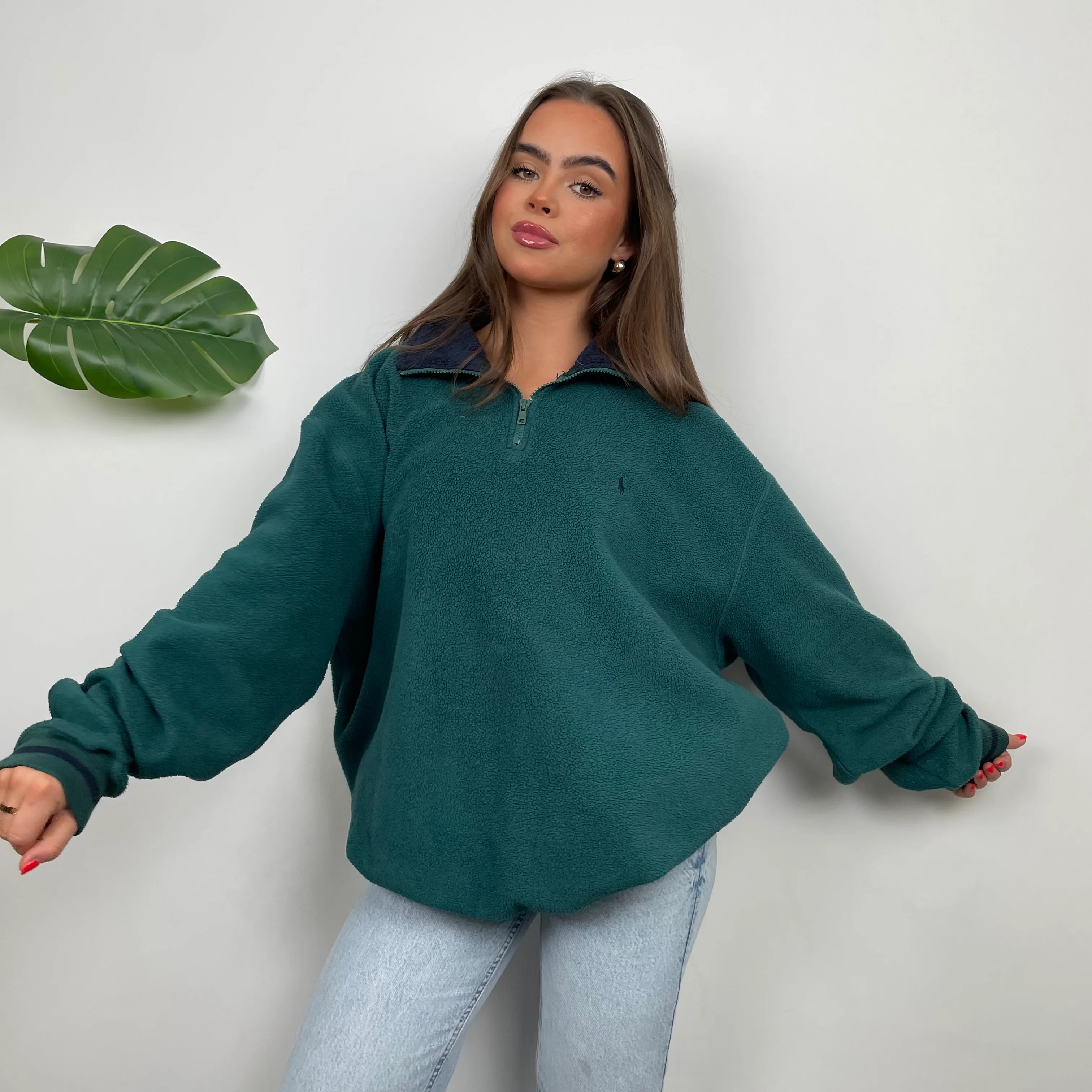 Polo Ralph Lauren Green Teddy Bear Fleece Embroidered Logo Quarter Zip Sweatshirt (L) - Image 9