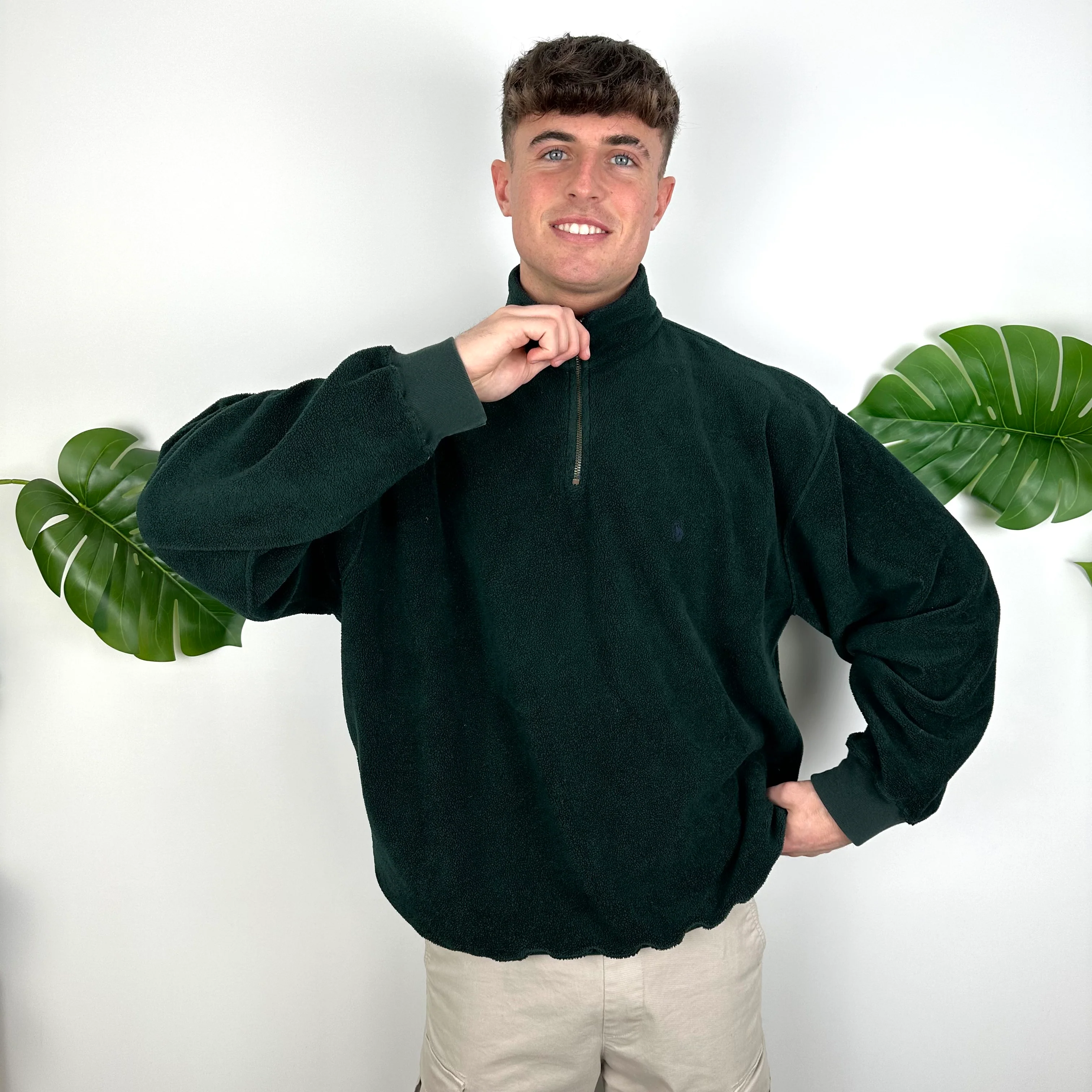 Polo Ralph Lauren Green Teddy Bear Fleece Embroidered Logo Quarter Zip Sweatshirt (XL) - Image 2