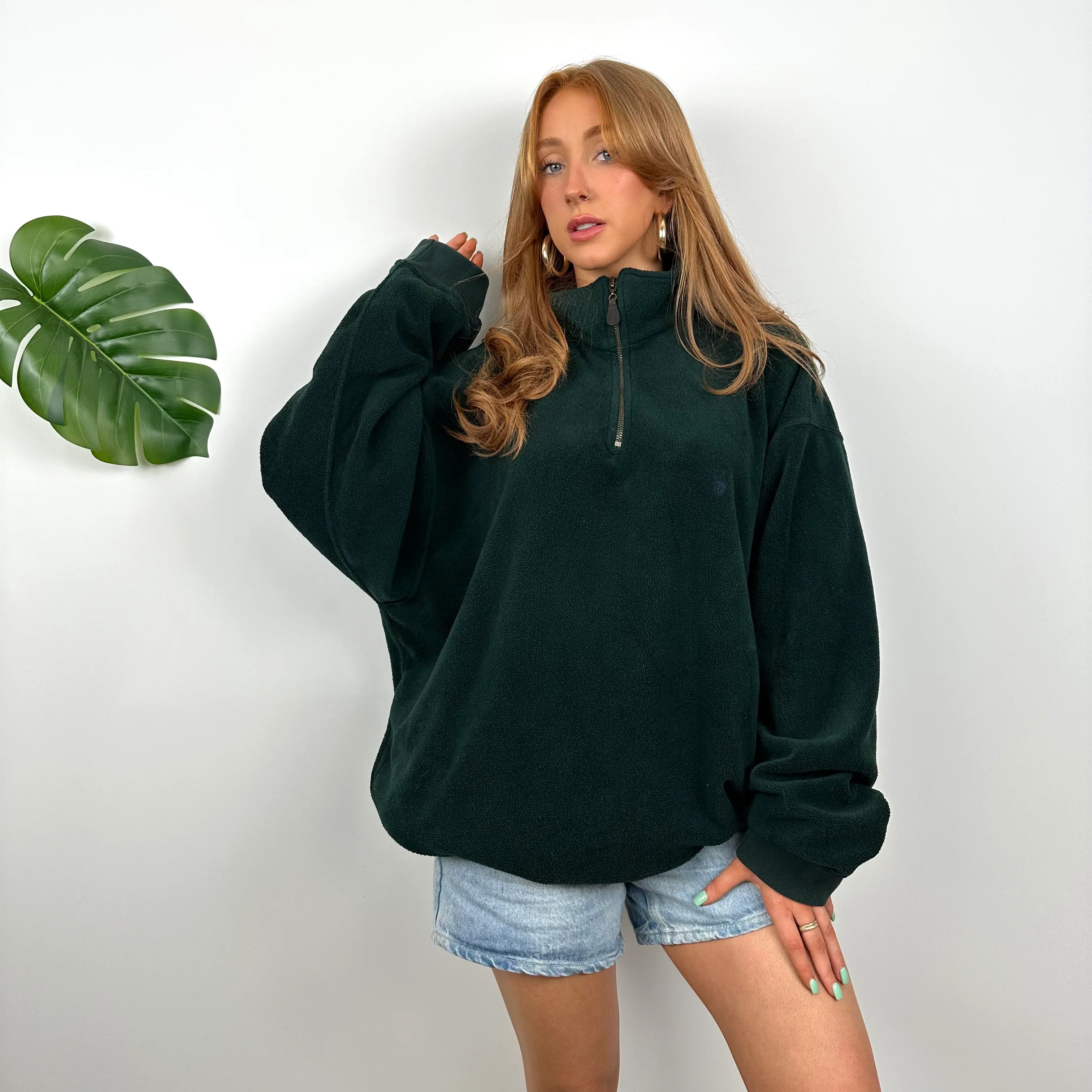 Polo Ralph Lauren Green Teddy Bear Fleece Embroidered Logo Quarter Zip Sweatshirt (XL) - Image 2