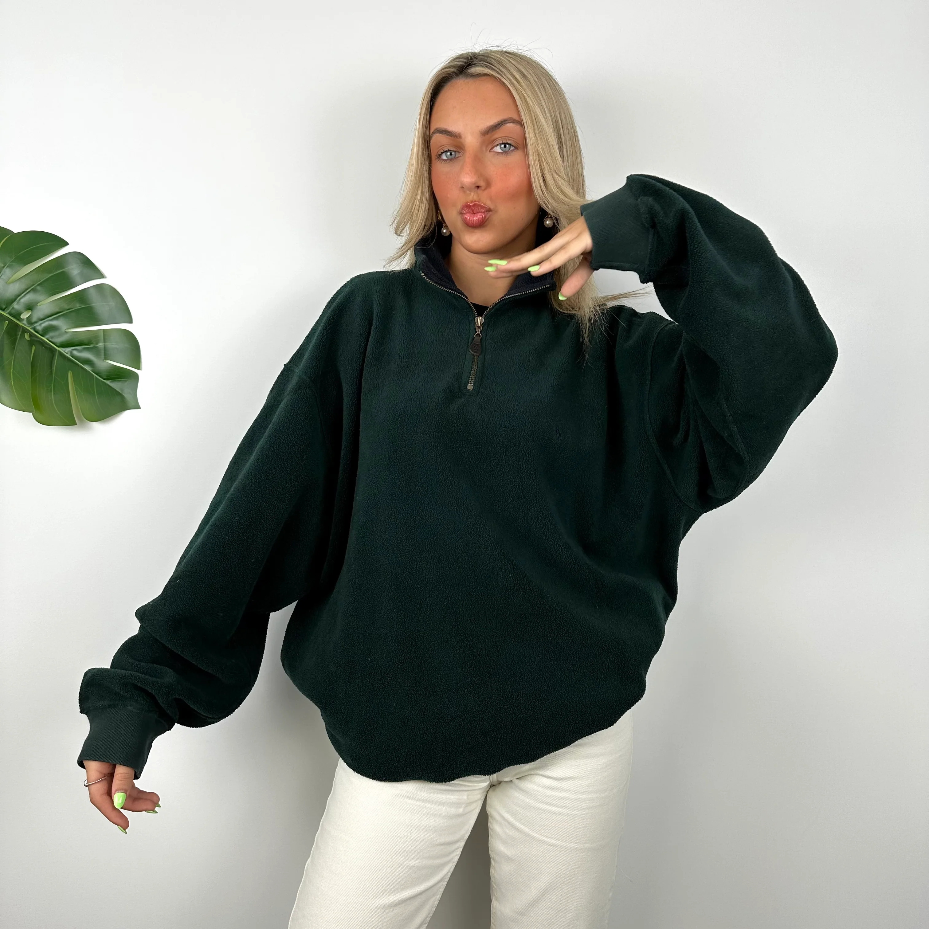 Polo Ralph Lauren Green Teddy Bear Fleece Embroidered Logo Quarter Zip Sweatshirt (XL) - Image 3