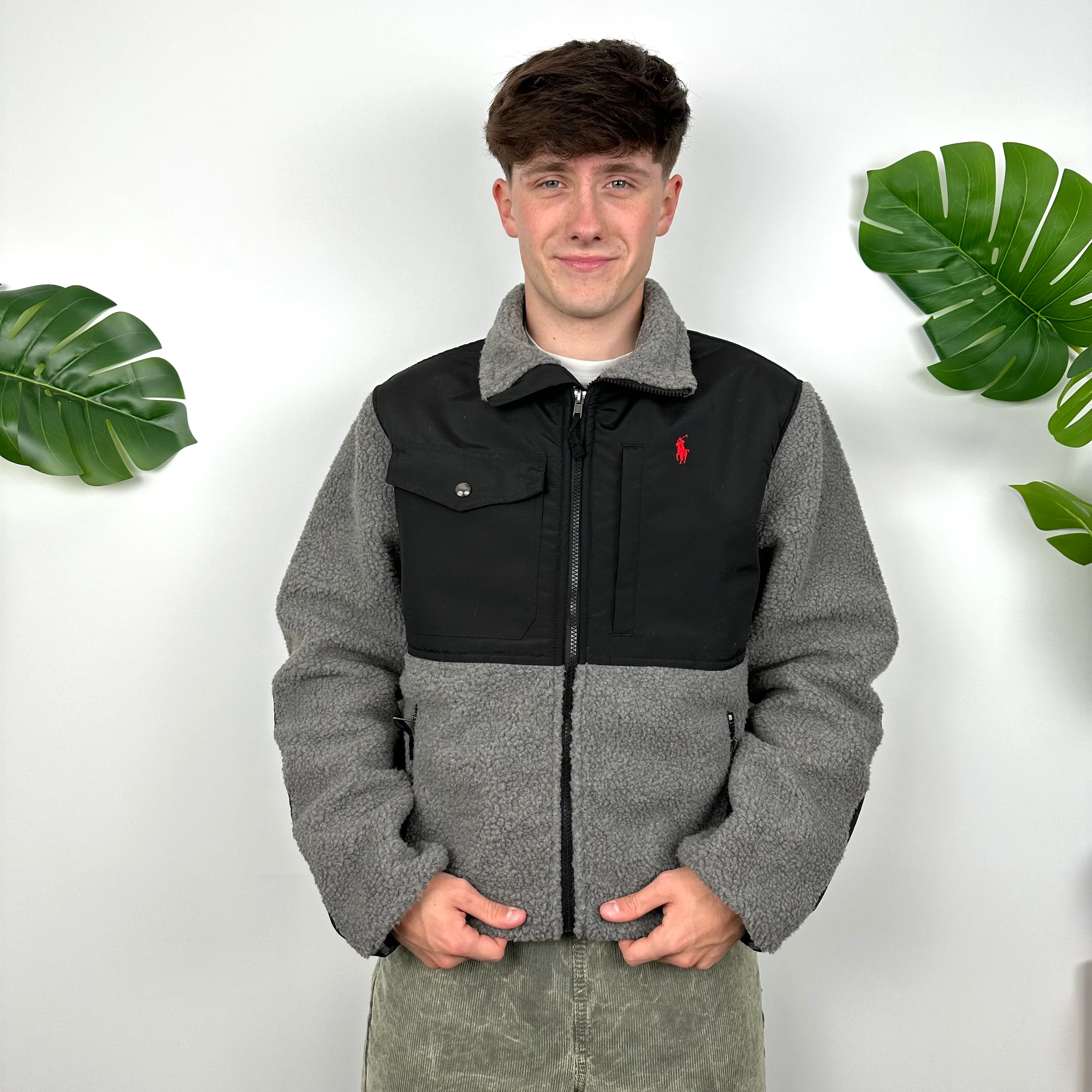 Polo Ralph Lauren Grey Embroidered Logo Teddy Bear Fleece Jacket (L)
