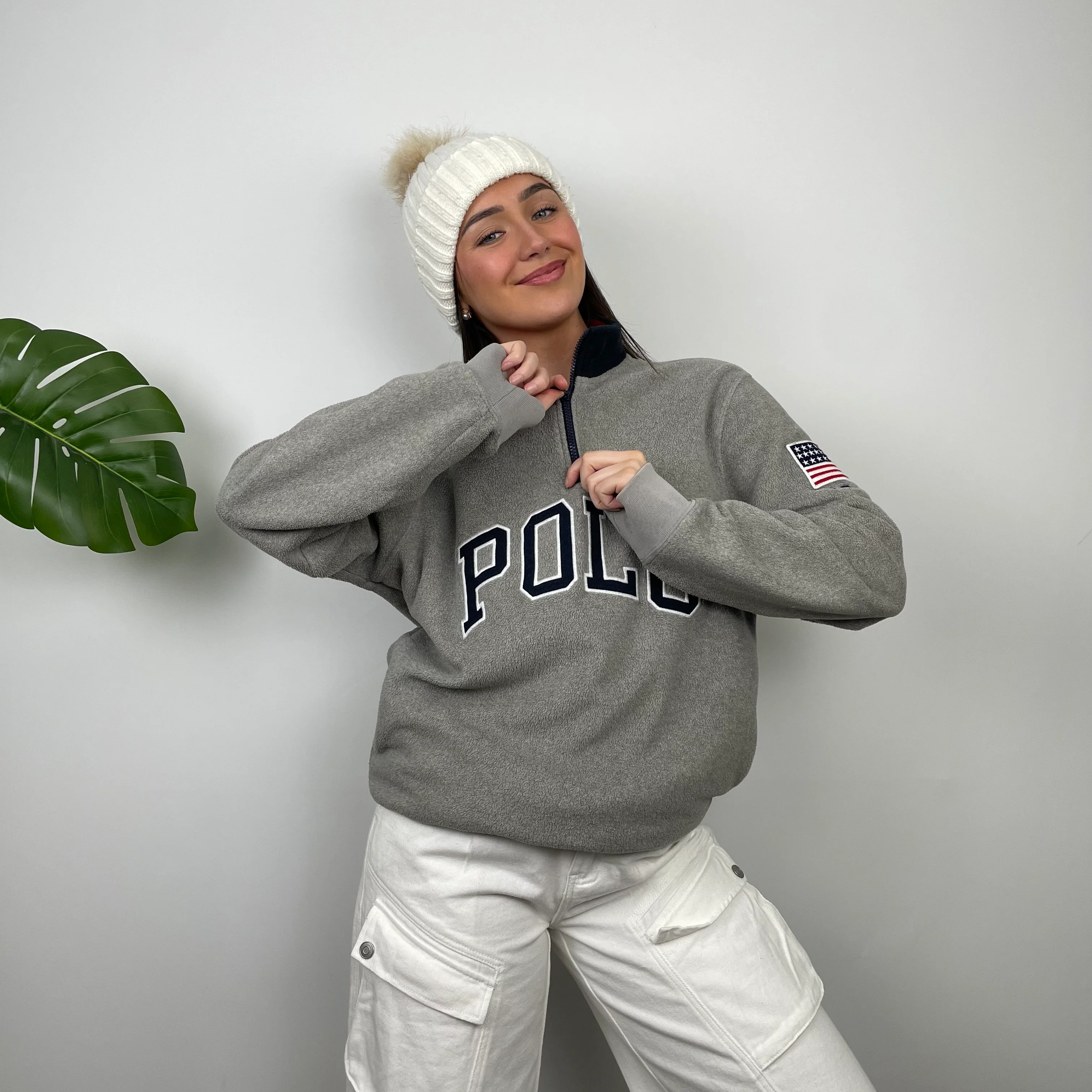 Polo Ralph Lauren Grey Embroidered Spell Out Fleece Quarter Zip (L) - Image 2