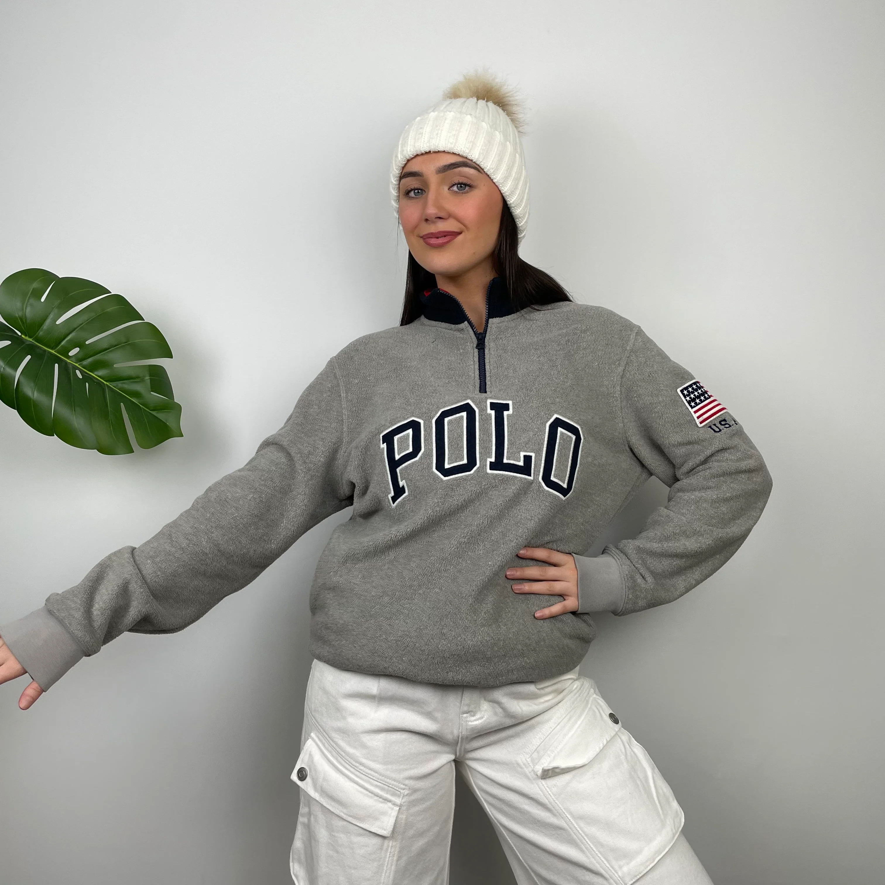 Polo Ralph Lauren Grey Embroidered Spell Out Fleece Quarter Zip (L) - Image 6