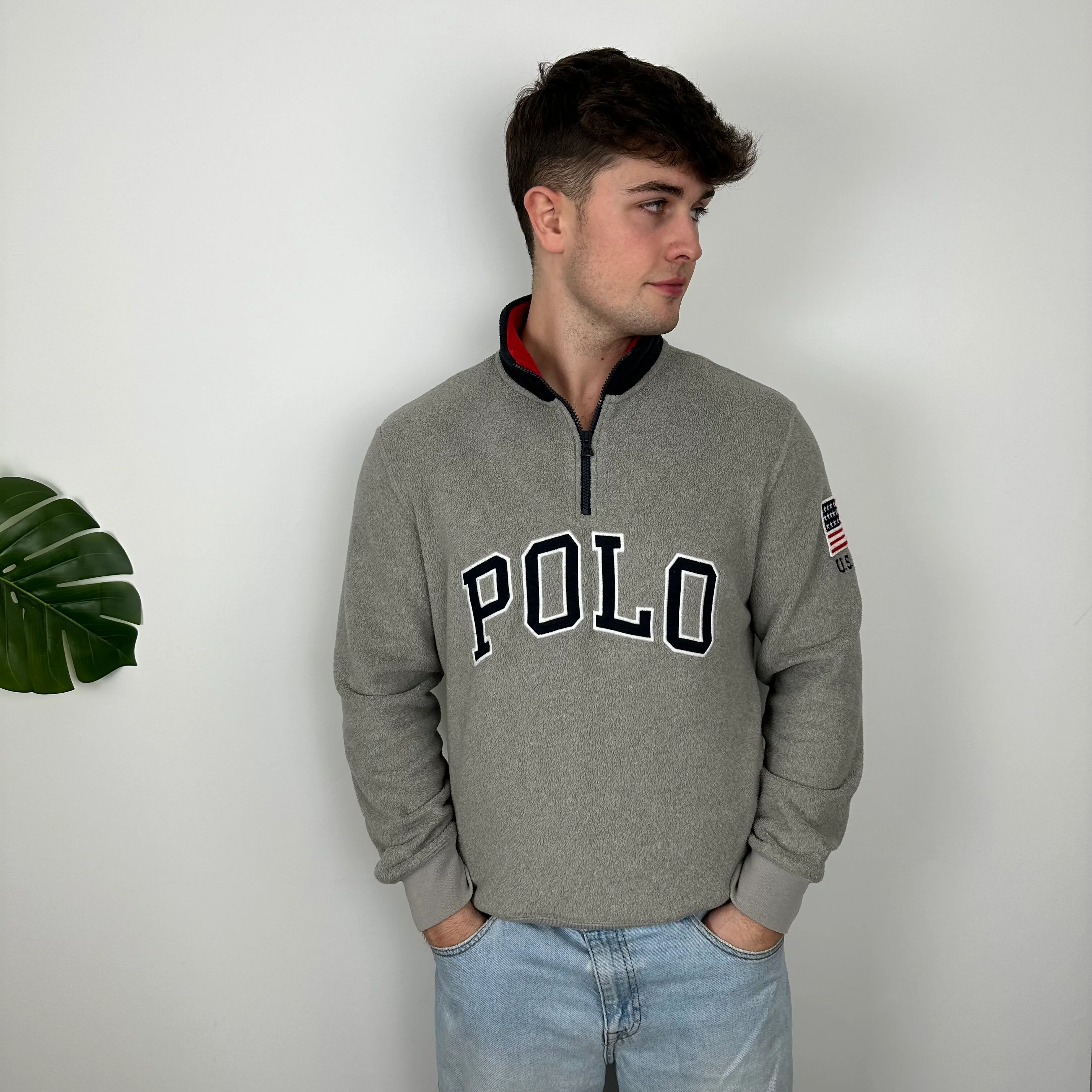 Polo Ralph Lauren Grey Embroidered Spell Out Fleece Quarter Zip (L) - Image 2