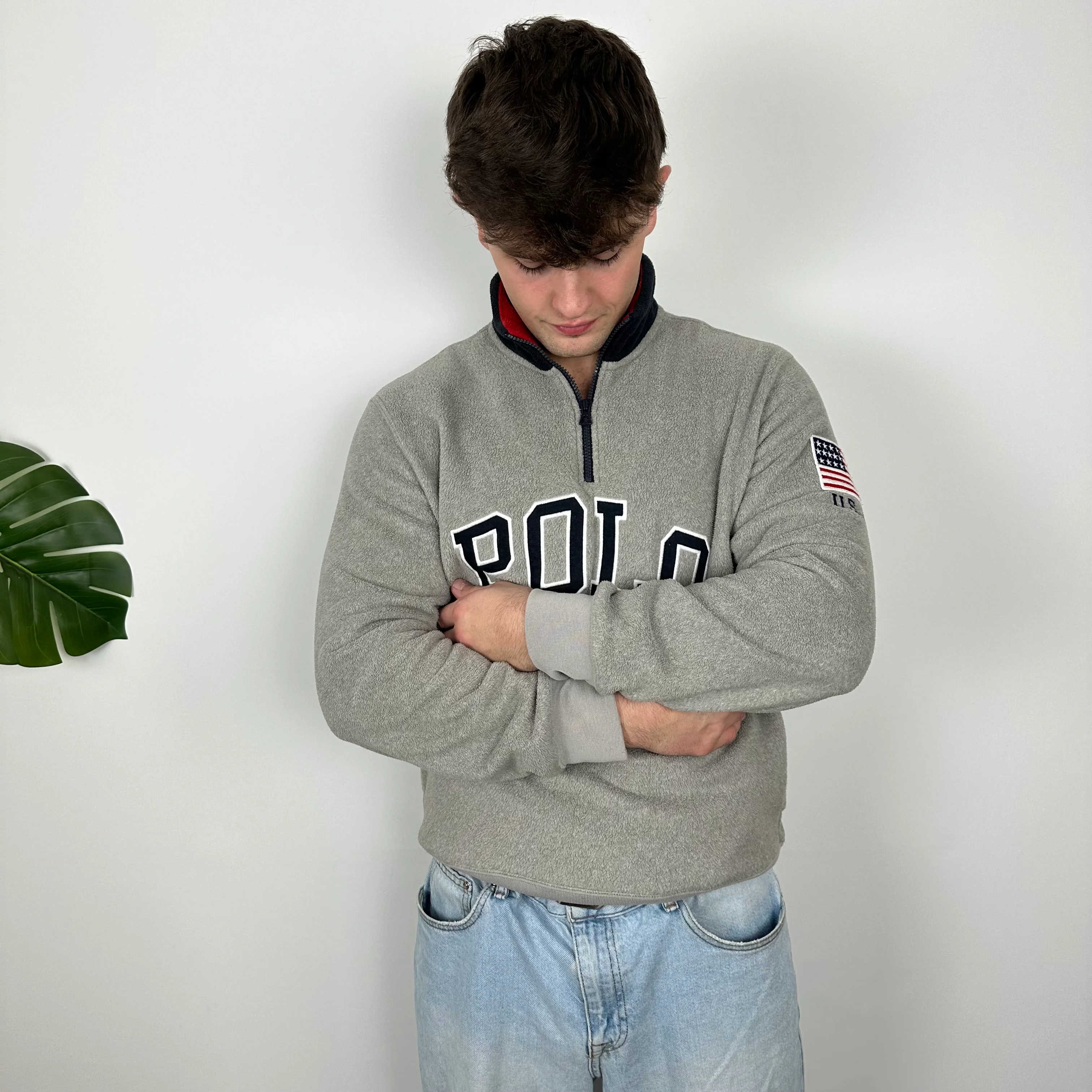 Polo Ralph Lauren Grey Embroidered Spell Out Fleece Quarter Zip (L) - Image 3