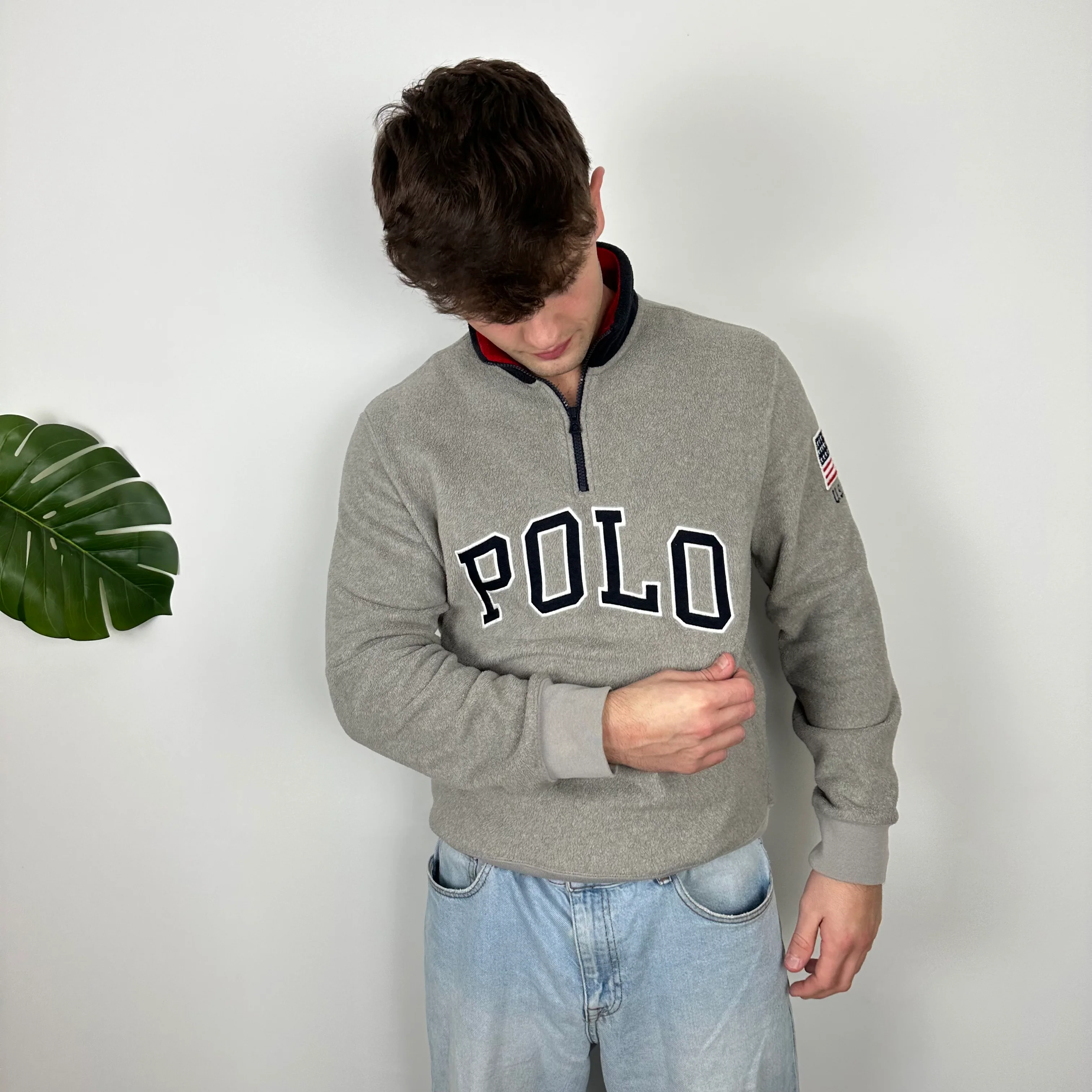 Polo Ralph Lauren Grey Embroidered Spell Out Fleece Quarter Zip (L) - Image 4