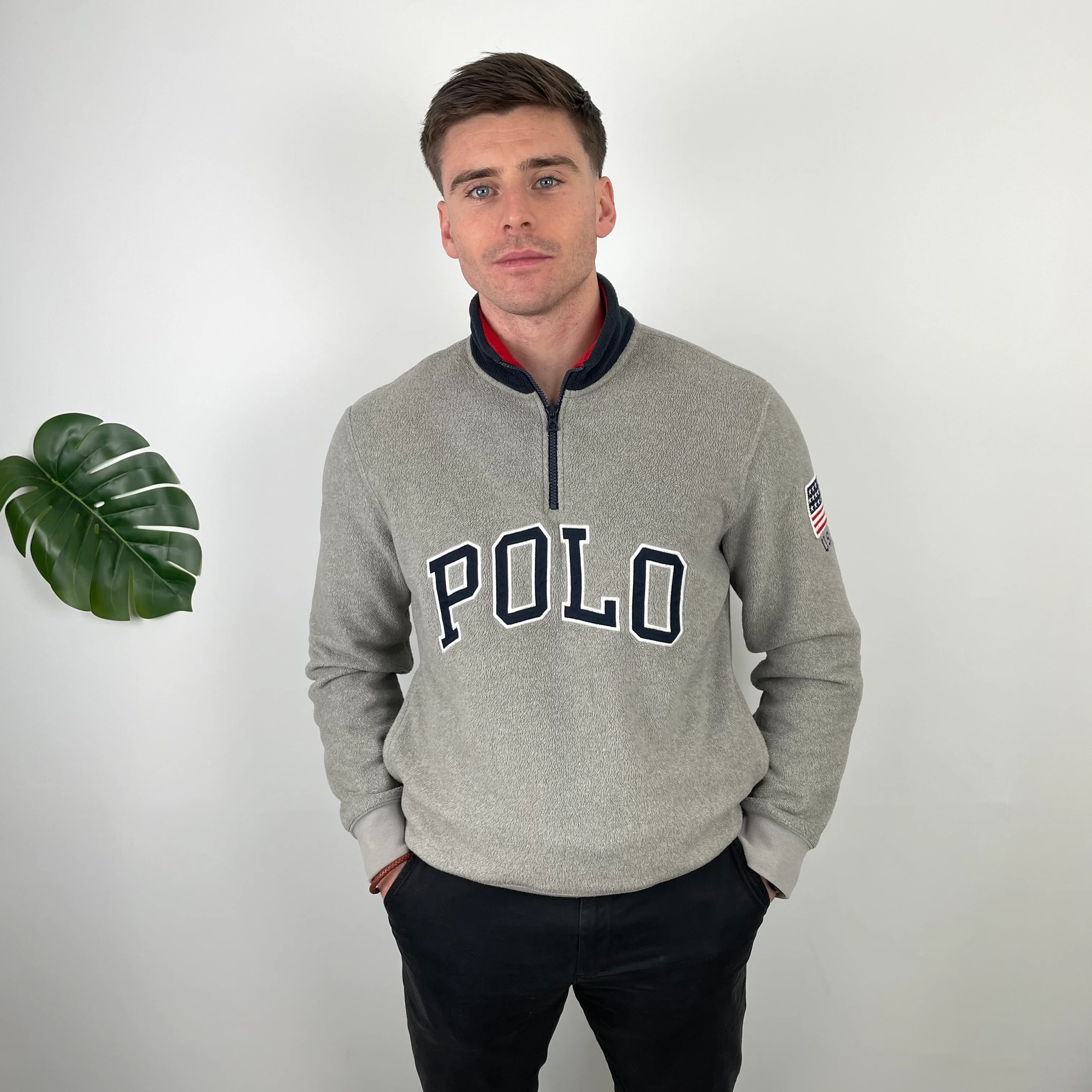 Polo Ralph Lauren Grey Embroidered Spell Out Fleece Quarter Zip (M)