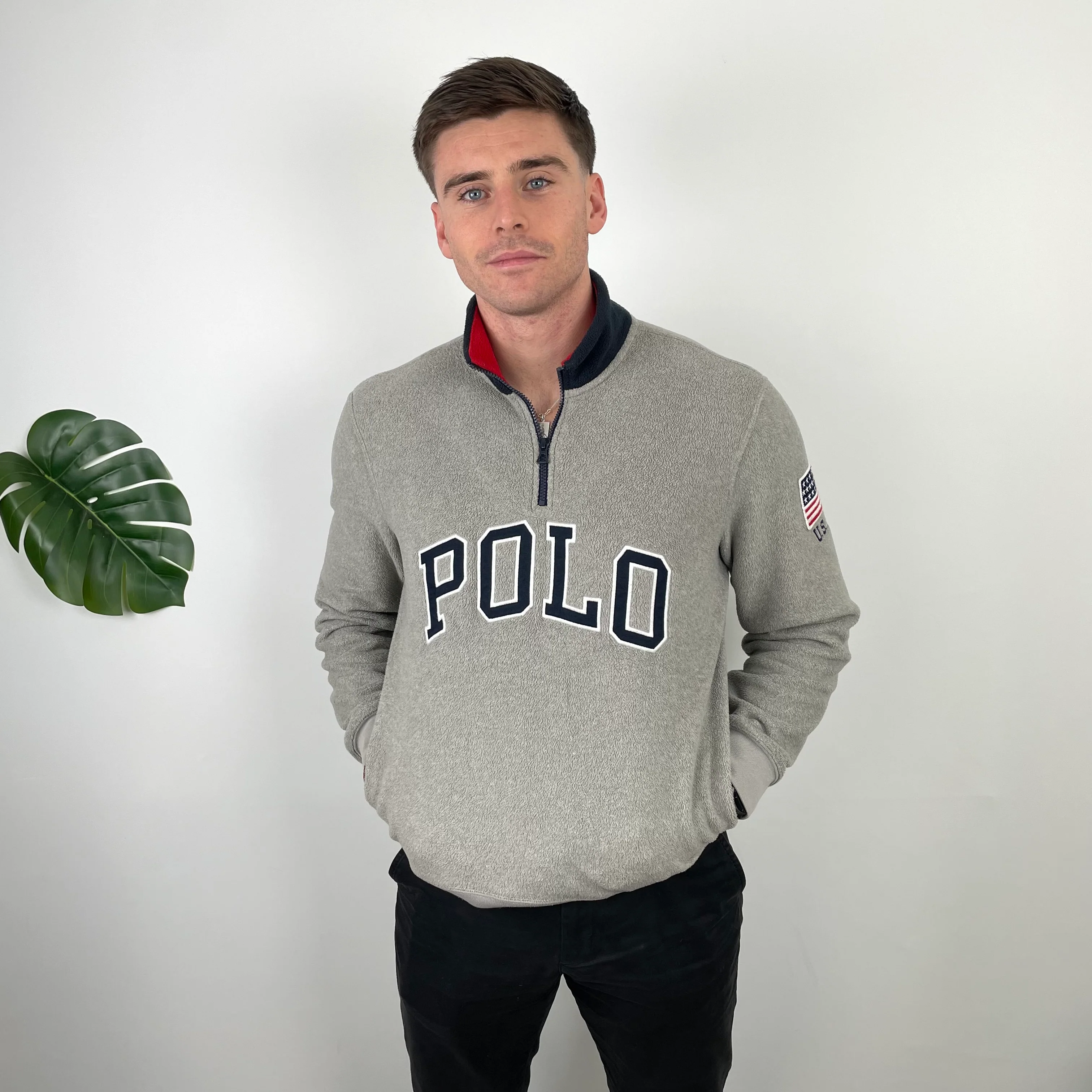 Polo Ralph Lauren Grey Embroidered Spell Out Fleece Quarter Zip (M) - Image 5