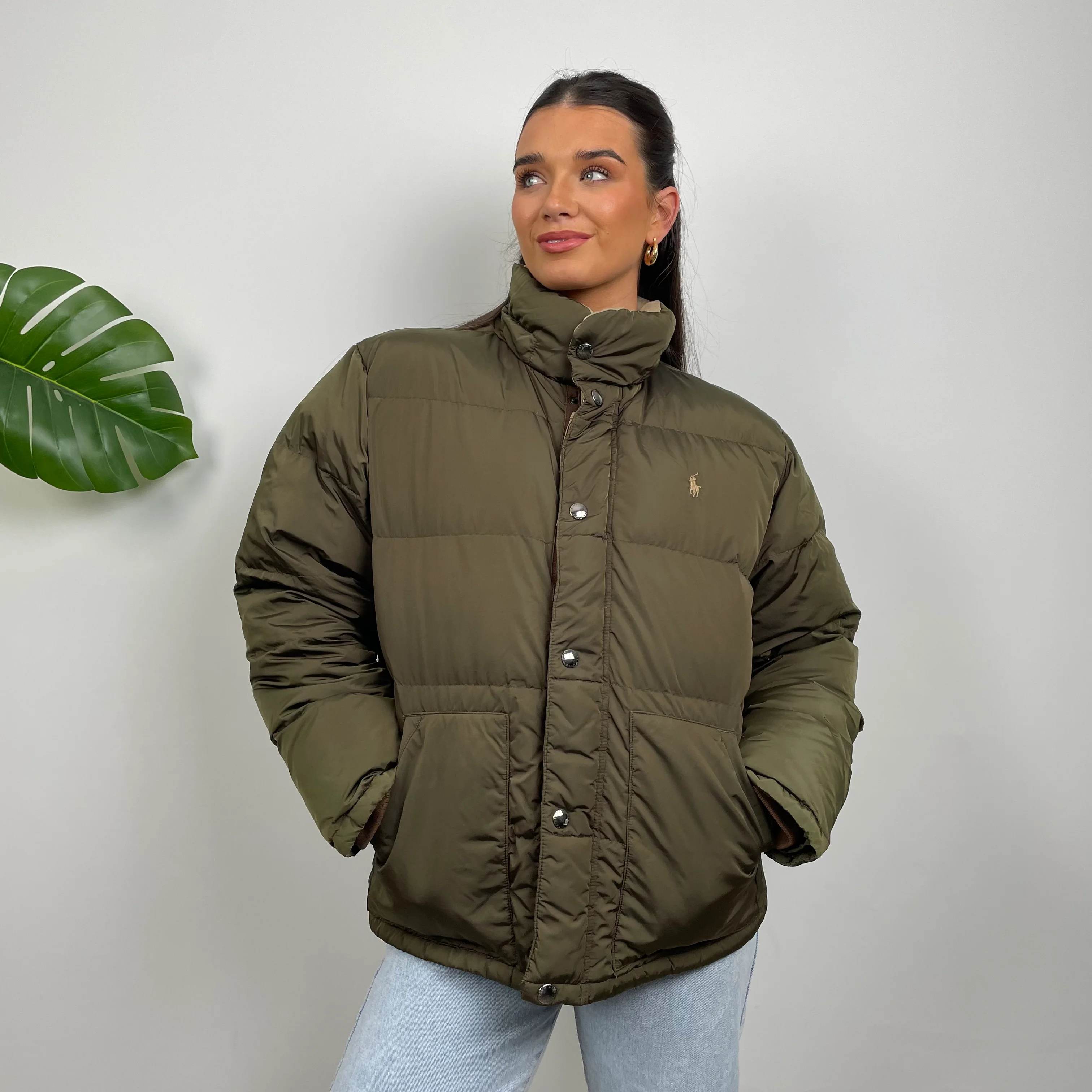 Polo Ralph Lauren Khaki Green Embroidered Logo Puffer Jacket (M) - Image 2