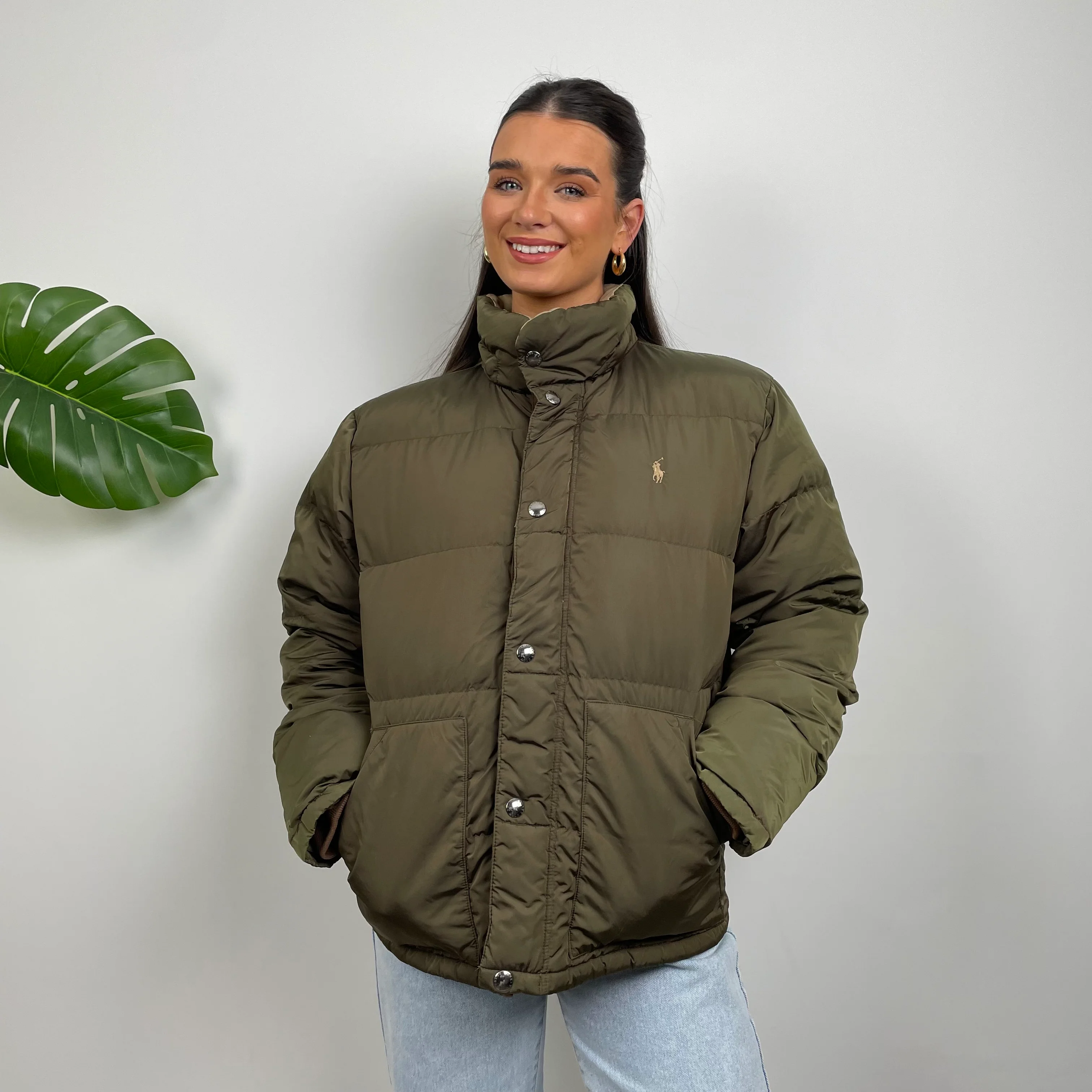 Polo Ralph Lauren Khaki Green Embroidered Logo Puffer Jacket (M) - Image 3