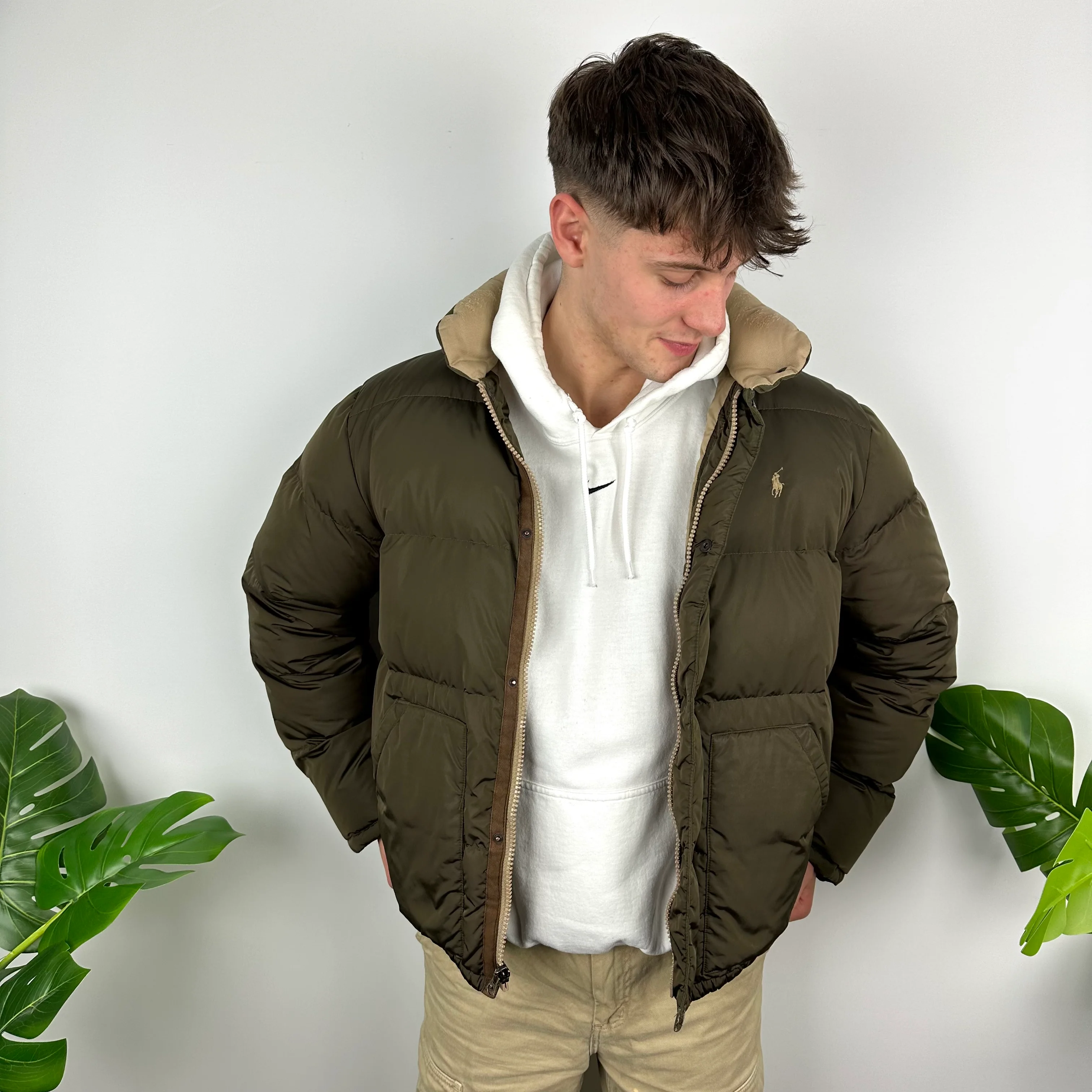 Polo Ralph Lauren Khaki Green Embroidered Logo Puffer Jacket (L) - Image 2