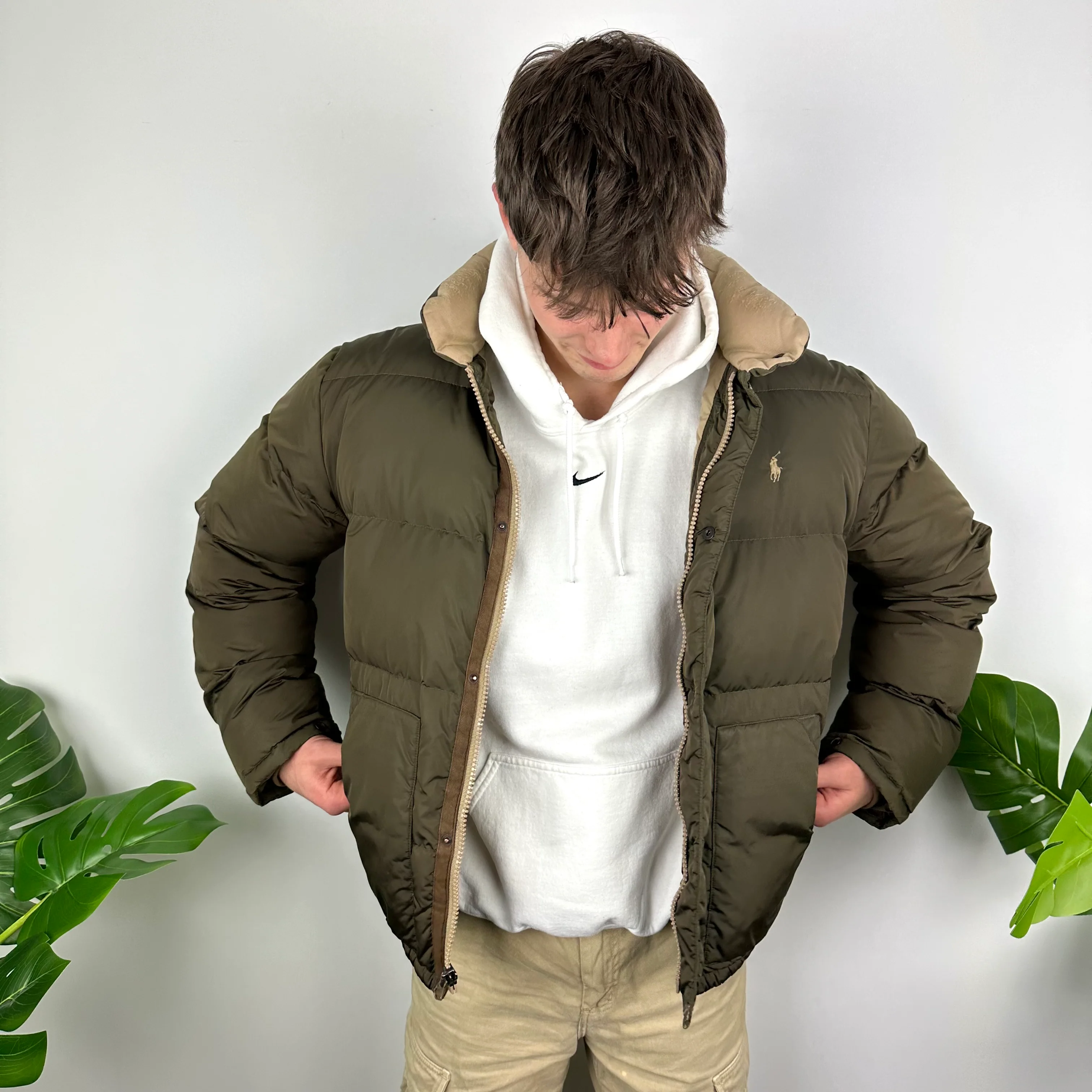 Polo Ralph Lauren Khaki Green Embroidered Logo Puffer Jacket (L) - Image 4