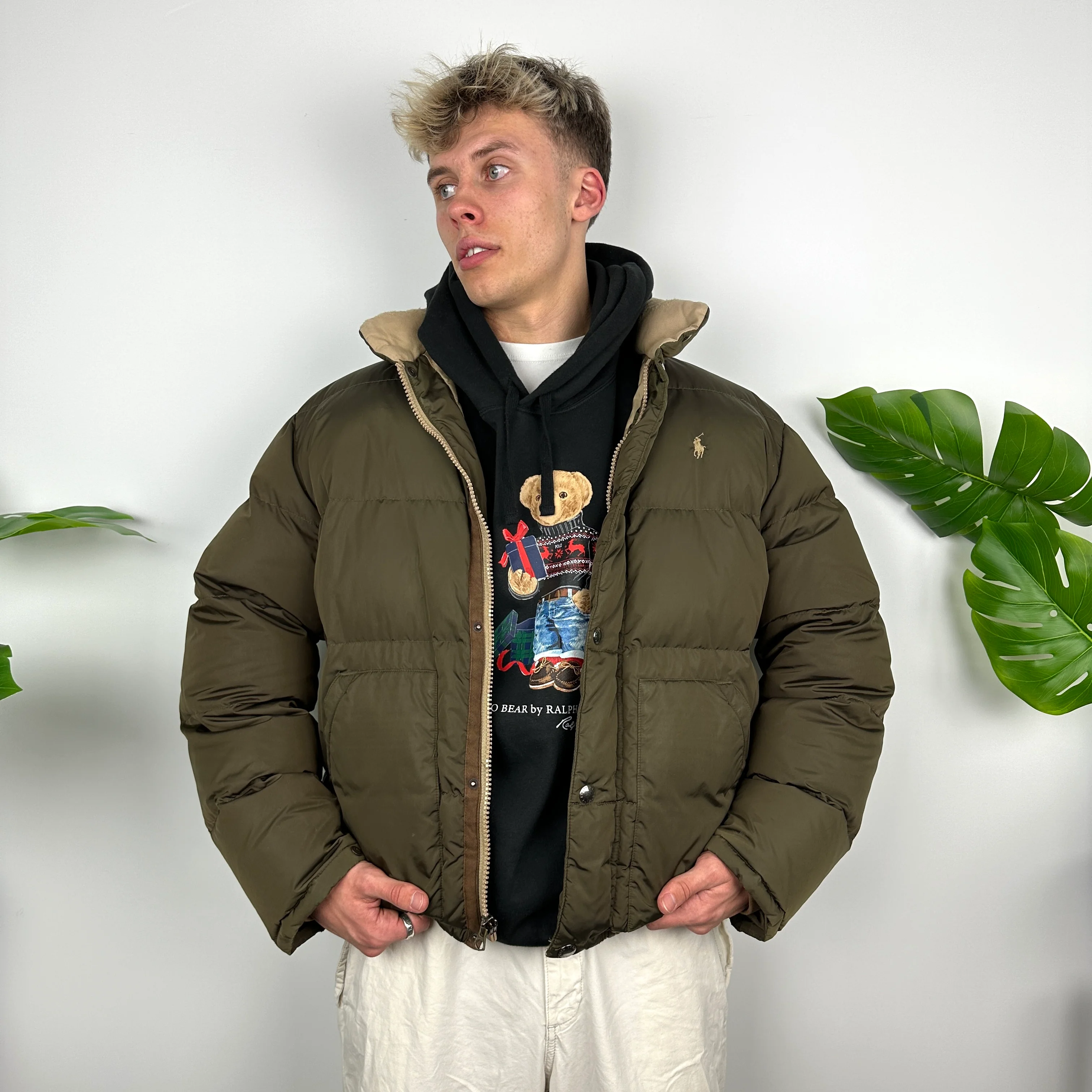 Polo Ralph Lauren Khaki Green Embroidered Logo Puffer Jacket (L) - Image 2