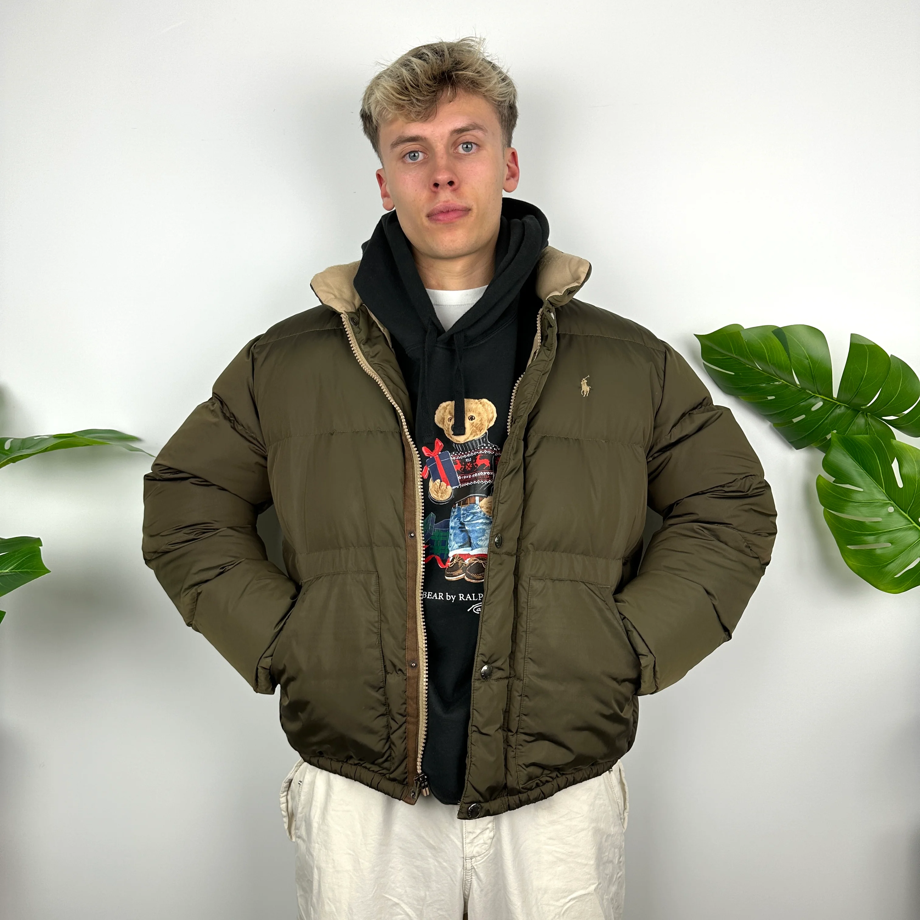 Polo Ralph Lauren Khaki Green Embroidered Logo Puffer Jacket (L) - Image 3