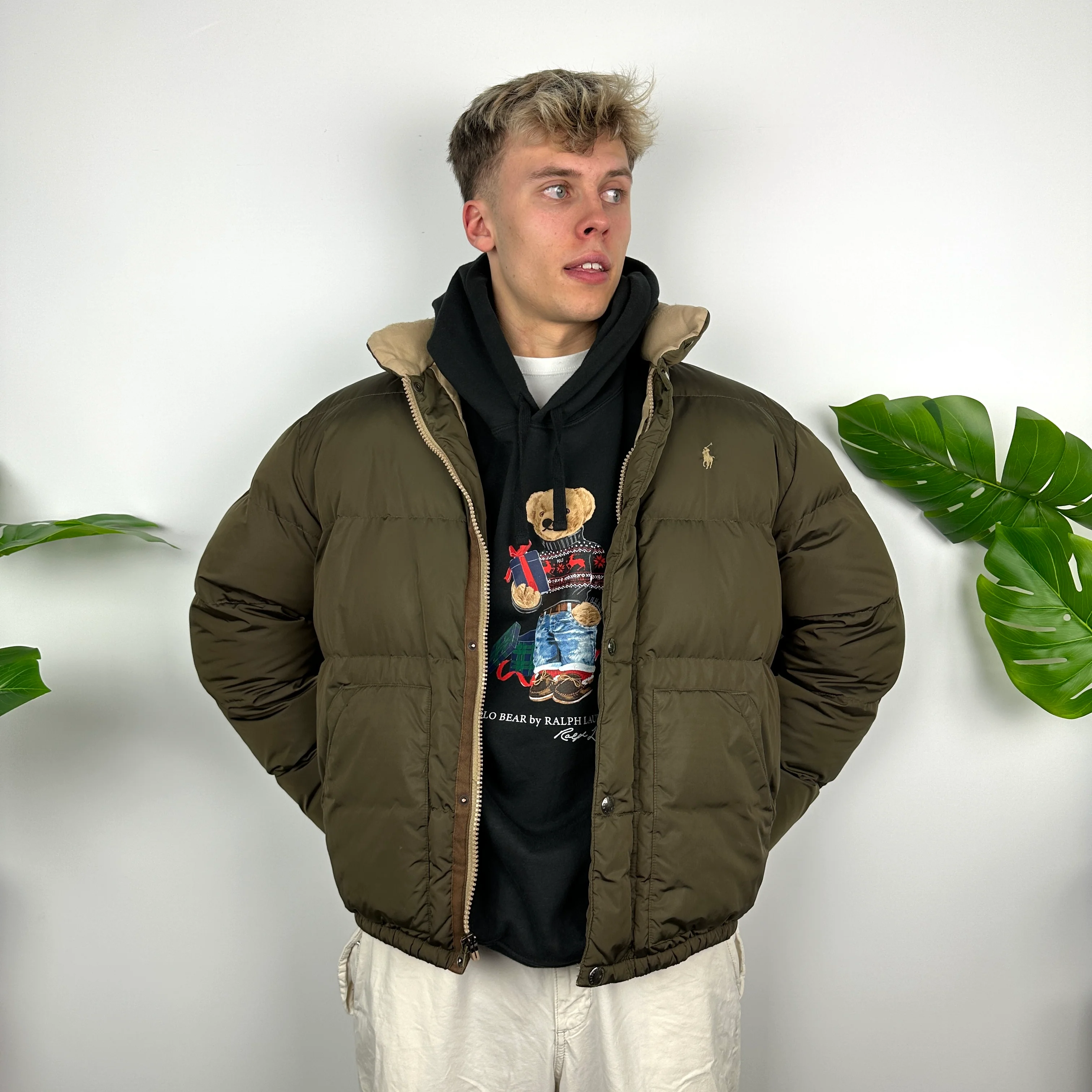 Polo Ralph Lauren Khaki Green Embroidered Logo Puffer Jacket (L) - Image 4
