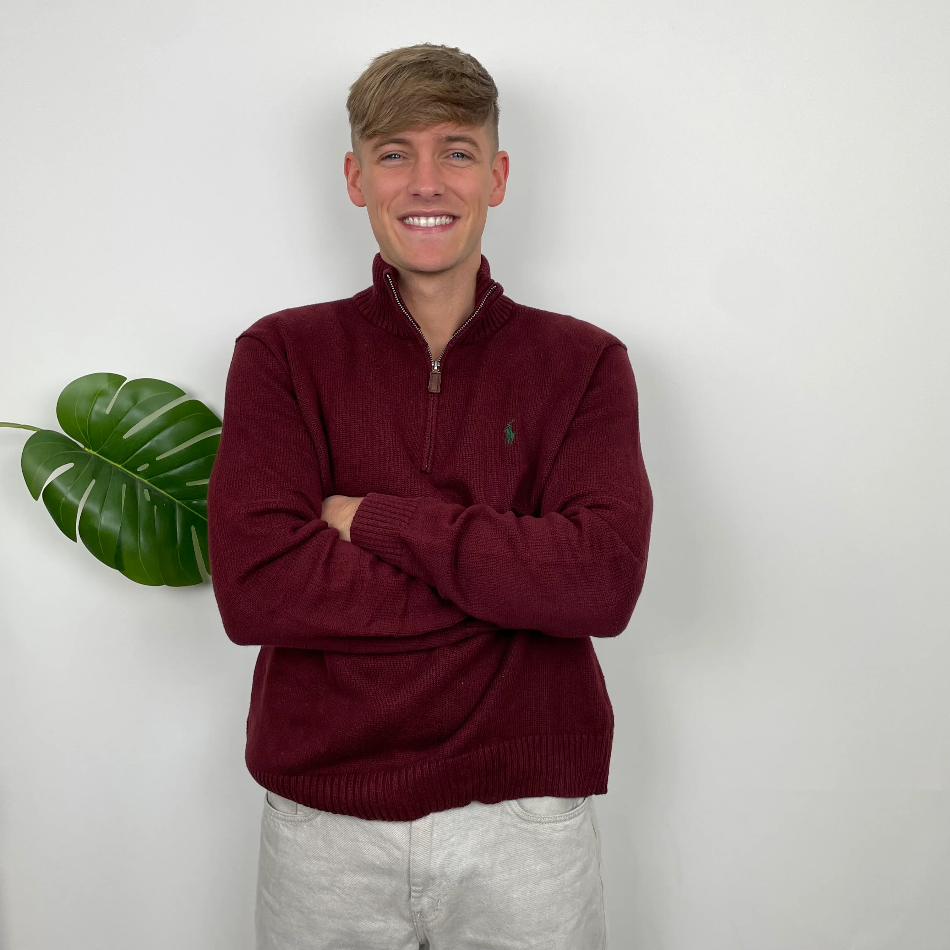 Polo Ralph Lauren Maroon Embroidered Logo Quarter Zip Knitted Sweater (L) - Image 2