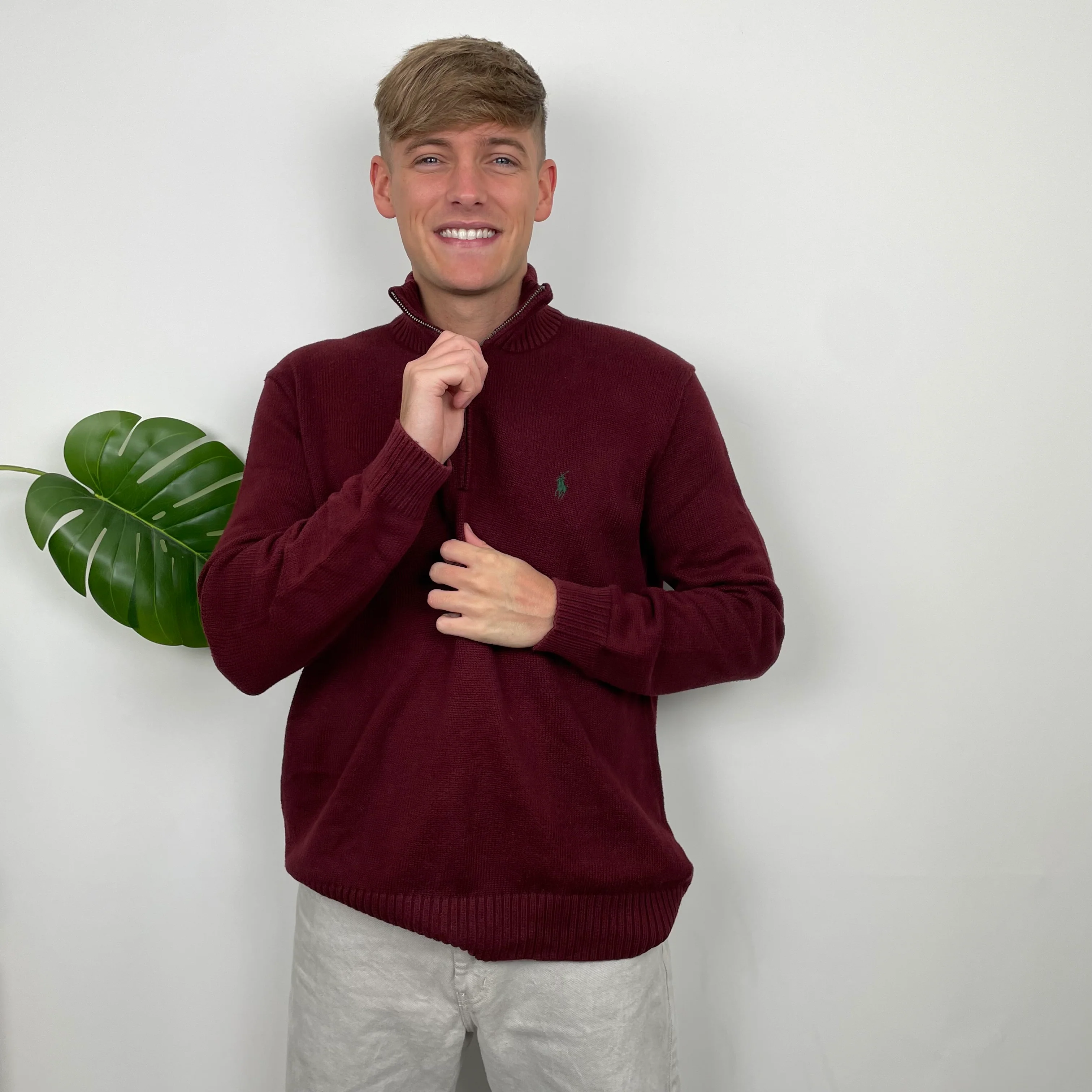 Polo Ralph Lauren Maroon Embroidered Logo Quarter Zip Knitted Sweater (L) - Image 3