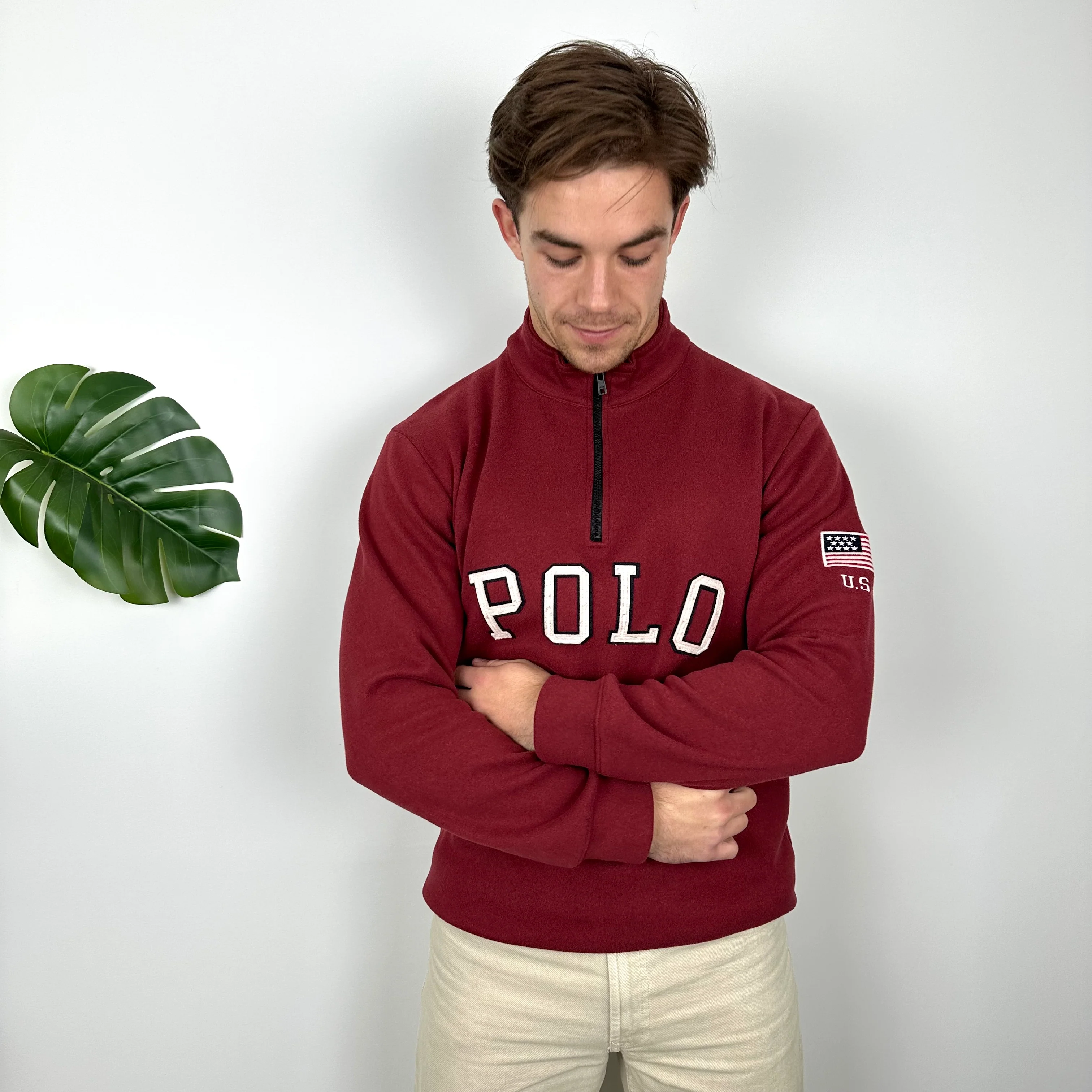 Polo Ralph Lauren Maroon Embroidered Spell Out Fleece Quarter Zip (L) - Image 2