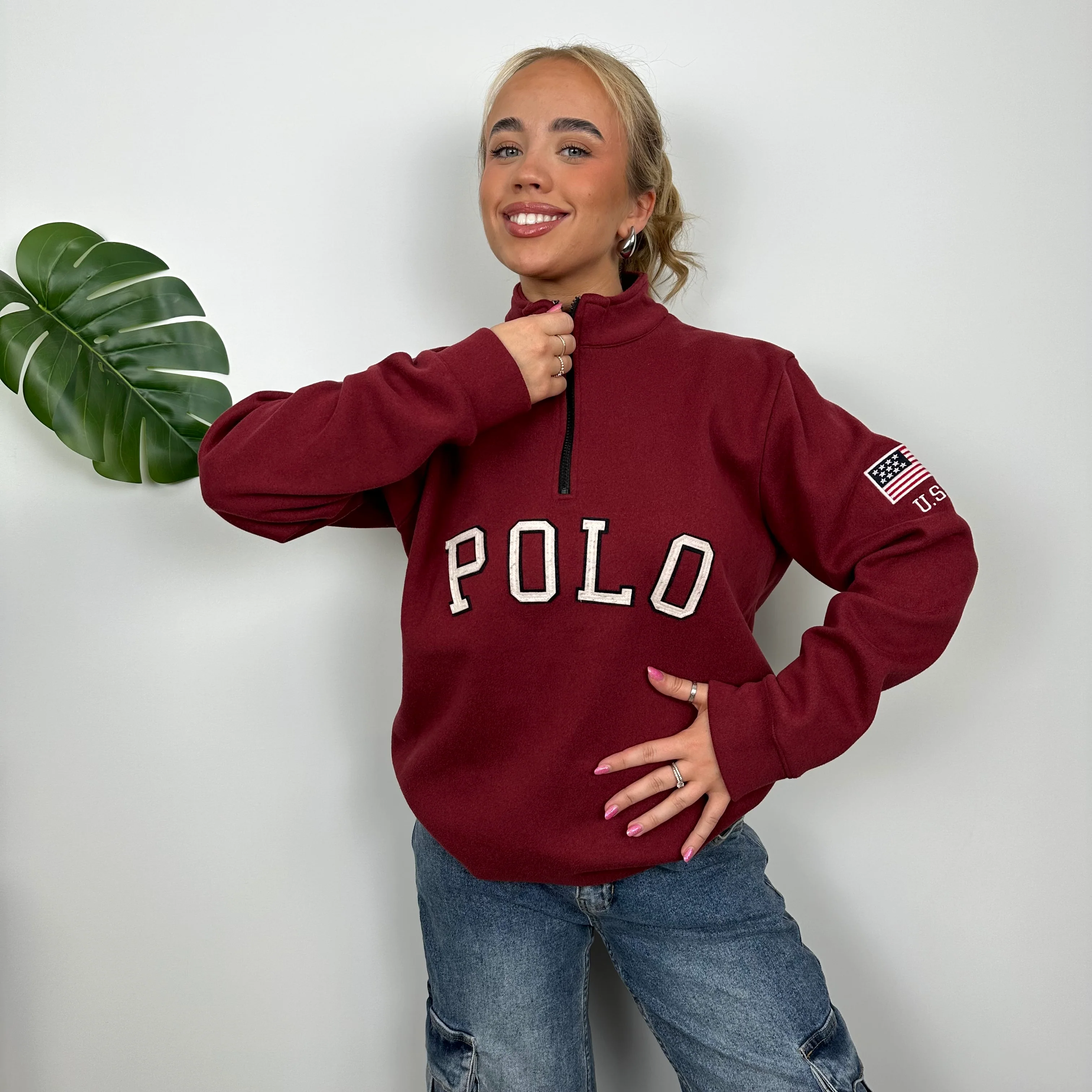 Polo Ralph Lauren Maroon Embroidered Spell Out Fleece Quarter Zip (L) - Image 2